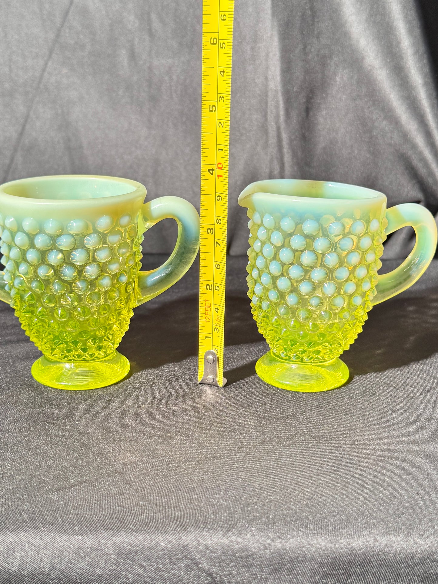 Uranium- Fenton- Hobnail- 3.5” tall creamer and sugar set - topaz opalescent