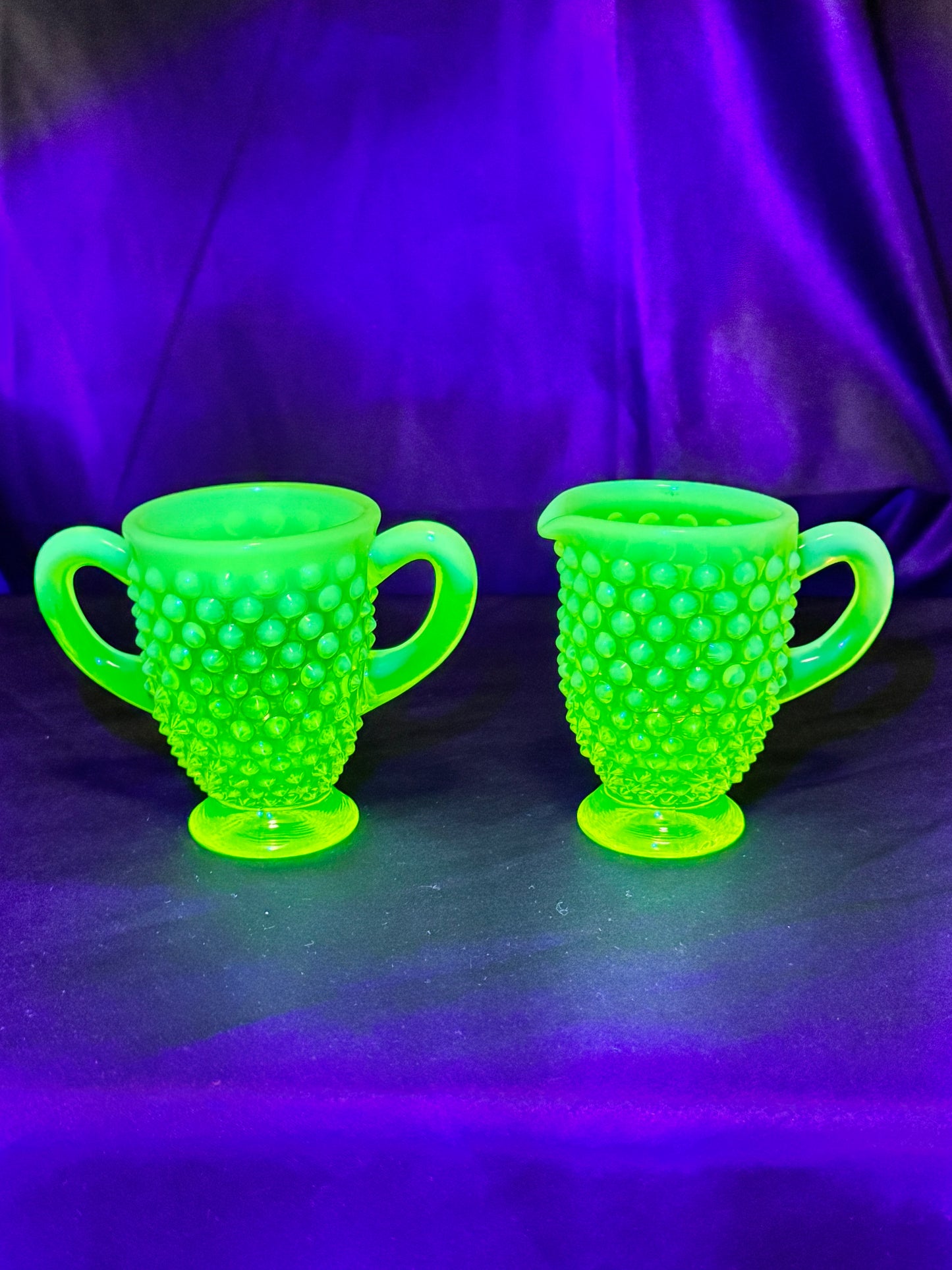 Uranium- Fenton- Hobnail- 3.5” tall creamer and sugar set - topaz opalescent