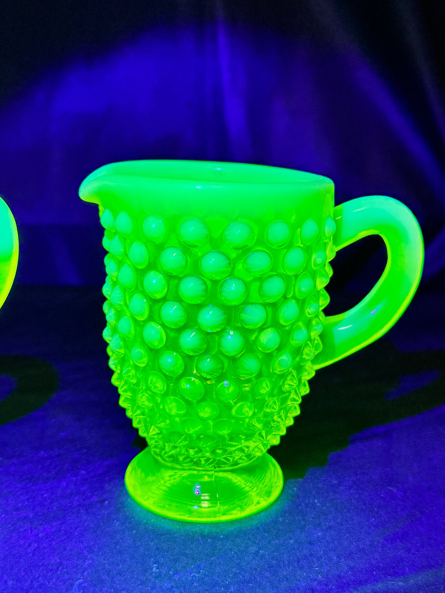 Uranium- Fenton- Hobnail- 3.5” tall creamer and sugar set - topaz opalescent