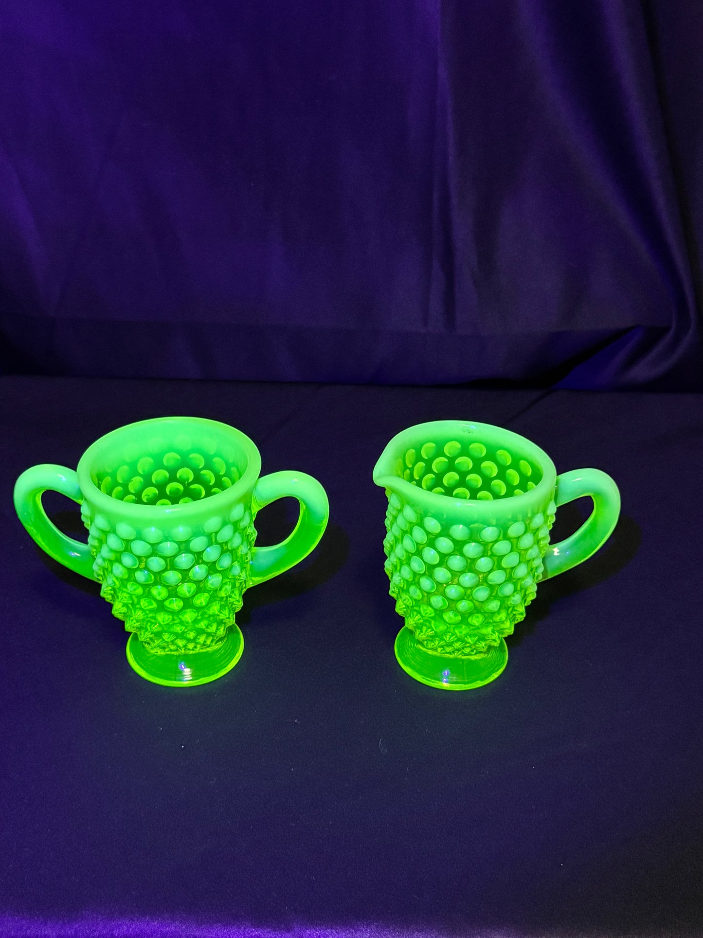 Uranium- Fenton- Hobnail- 3.5” tall creamer and sugar set - topaz opalescent