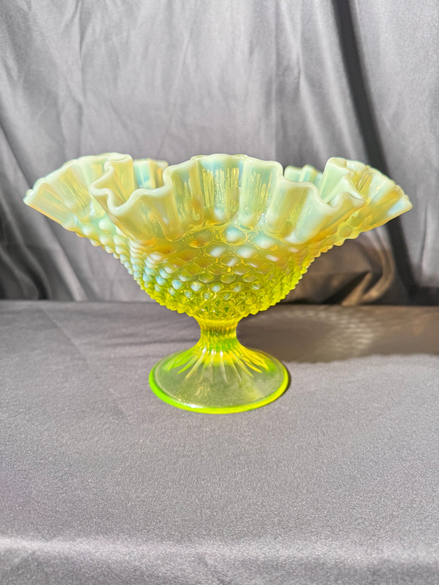 Uranium- Fenton- Hobnail- Ruffled Footed Bowl- Topaz opalescent