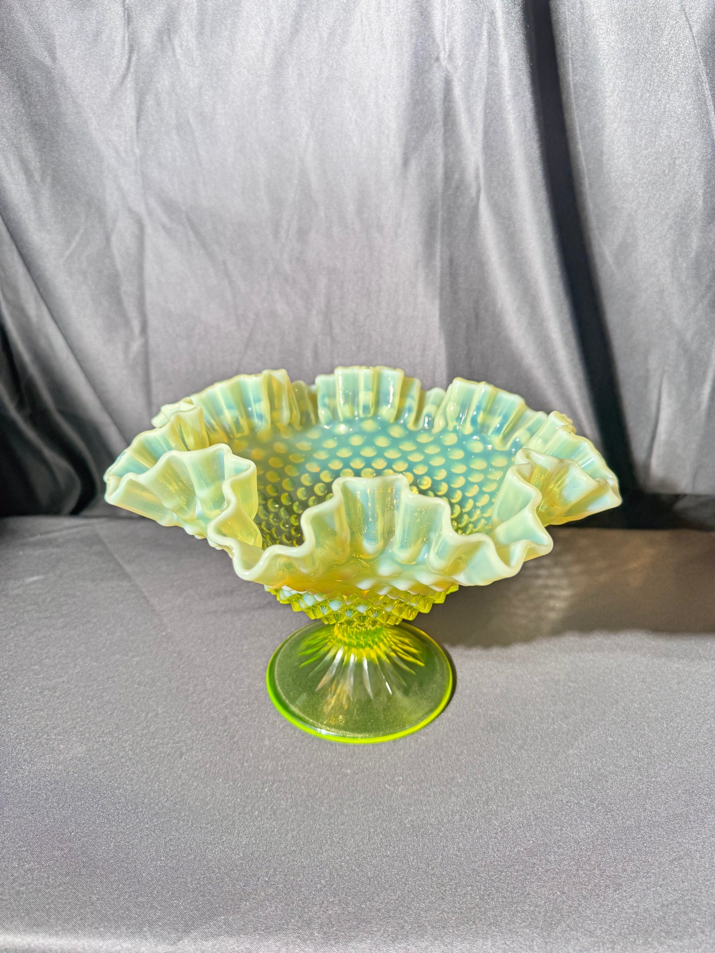 Uranium- Fenton- Hobnail- Ruffled Footed Bowl- Topaz opalescent