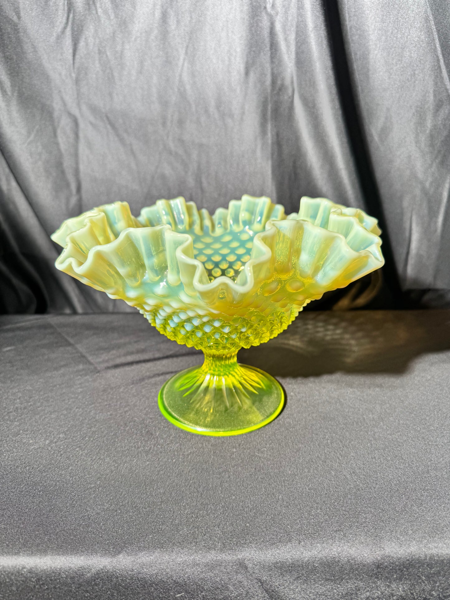 Uranium- Fenton- Hobnail- Ruffled Footed Bowl- Topaz opalescent