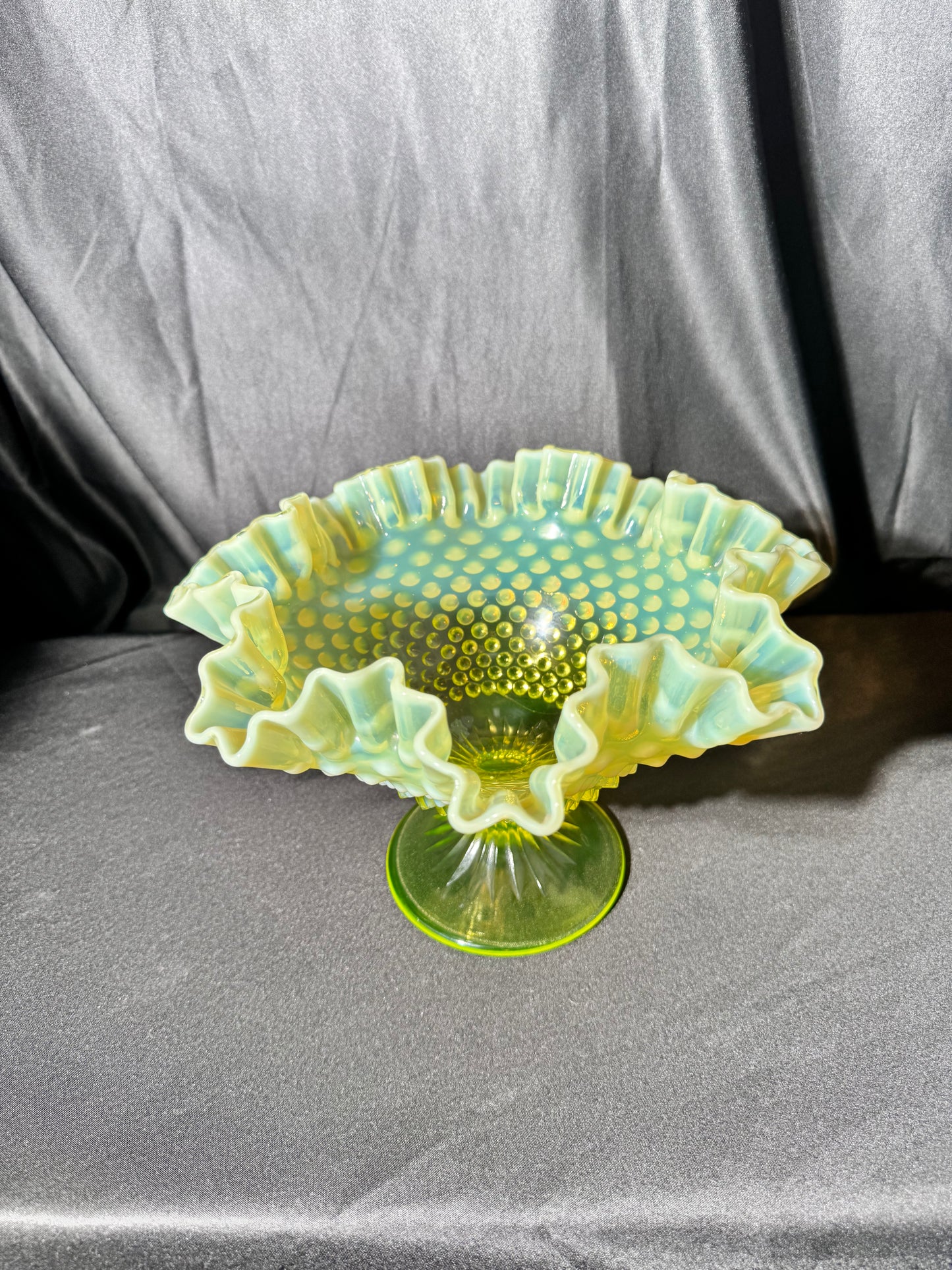 Uranium- Fenton- Hobnail- Ruffled Footed Bowl- Topaz opalescent