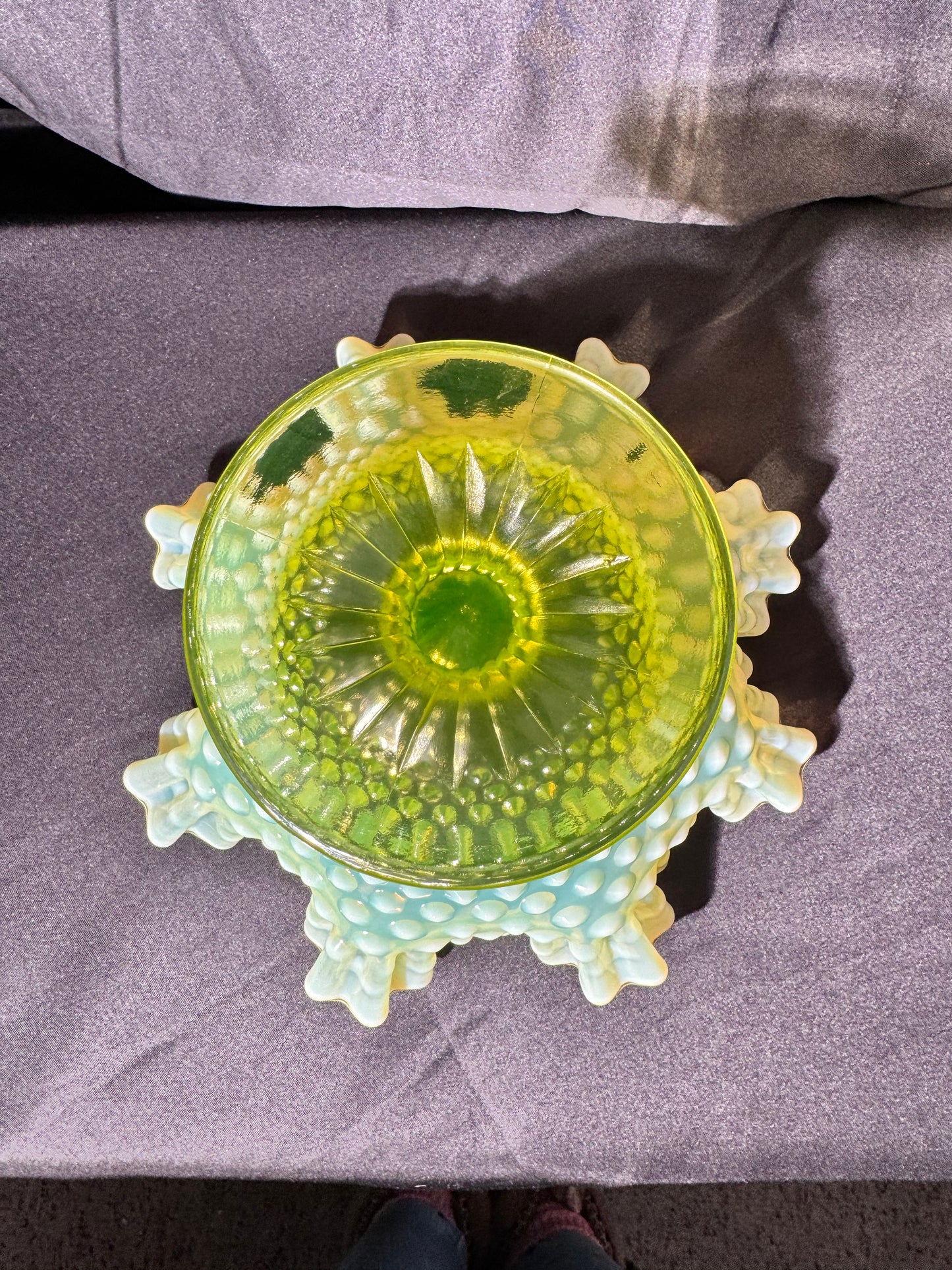 Uranium- Fenton- Hobnail- Ruffled Footed Bowl- Topaz opalescent