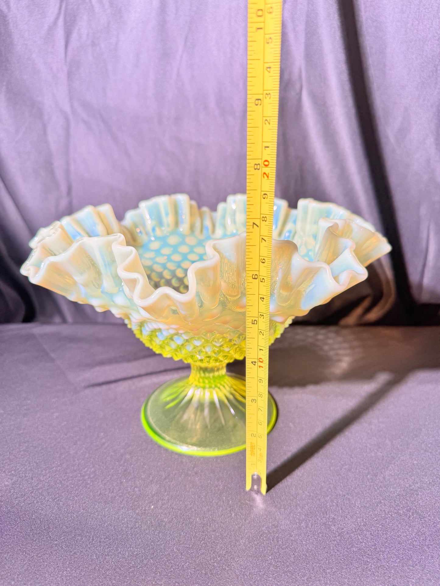 Uranium- Fenton- Hobnail- Ruffled Footed Bowl- Topaz opalescent