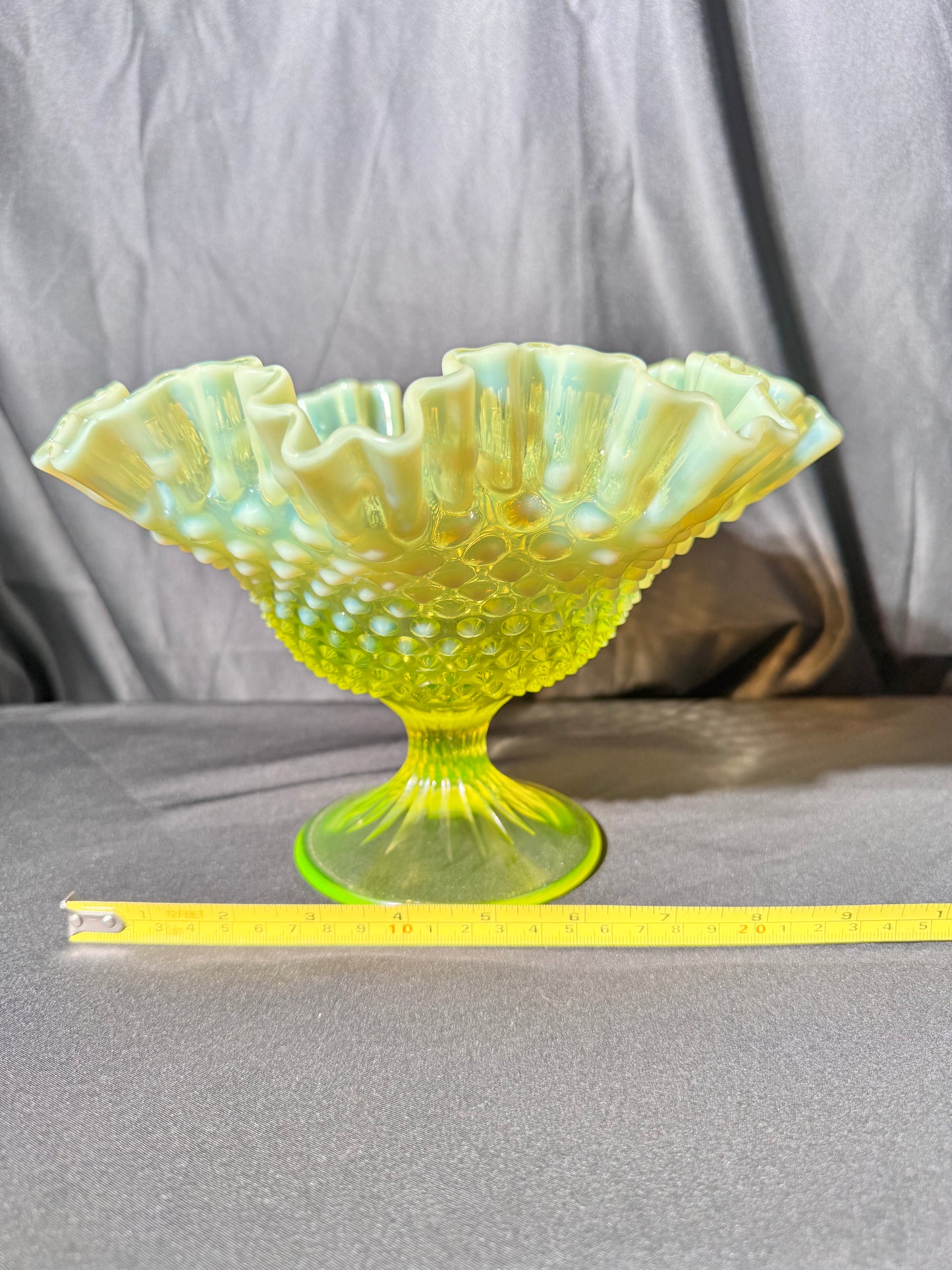 Uranium- Fenton- Hobnail- Ruffled Footed Bowl- Topaz opalescent