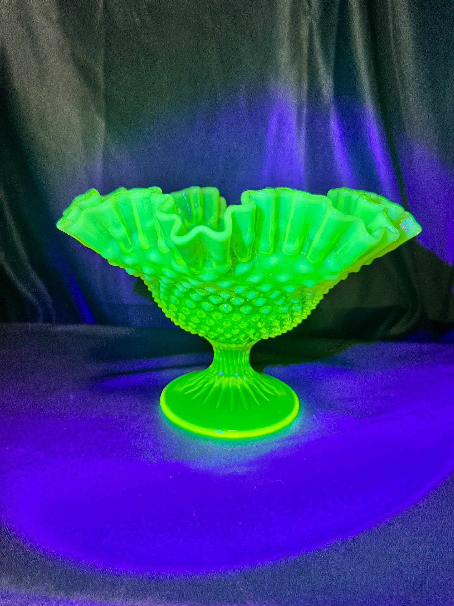 Uranium- Fenton- Hobnail- Ruffled Footed Bowl- Topaz opalescent