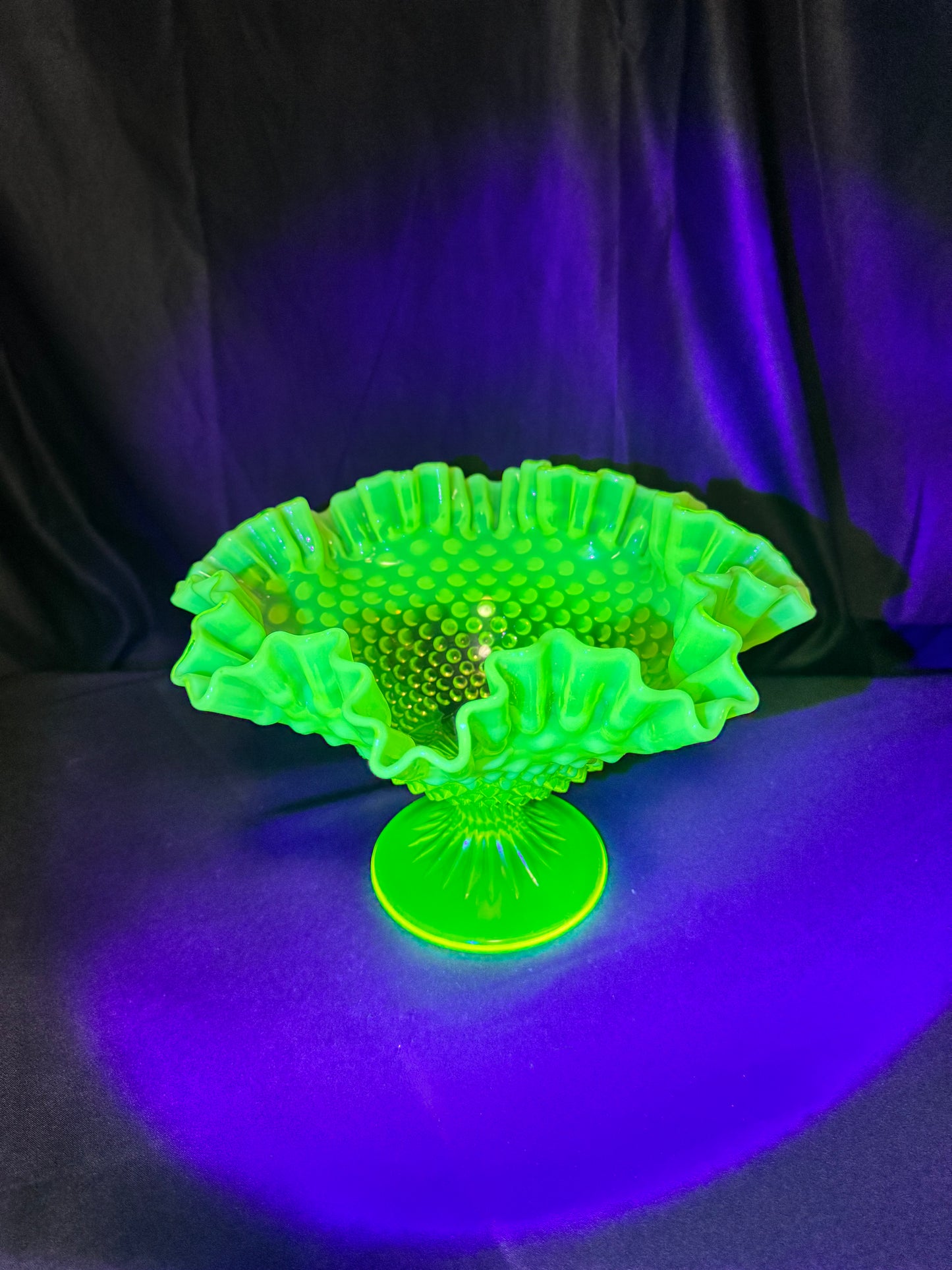 Uranium- Fenton- Hobnail- Ruffled Footed Bowl- Topaz opalescent