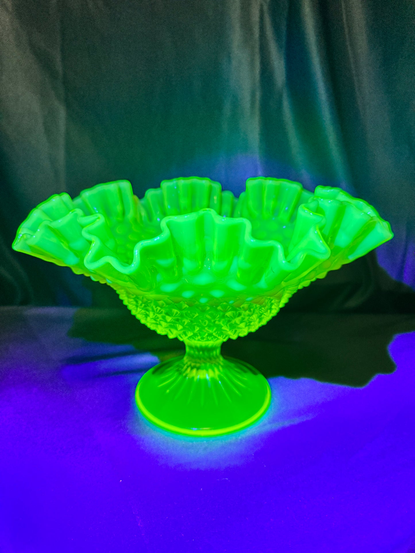 Uranium- Fenton- Hobnail- Ruffled Footed Bowl- Topaz opalescent