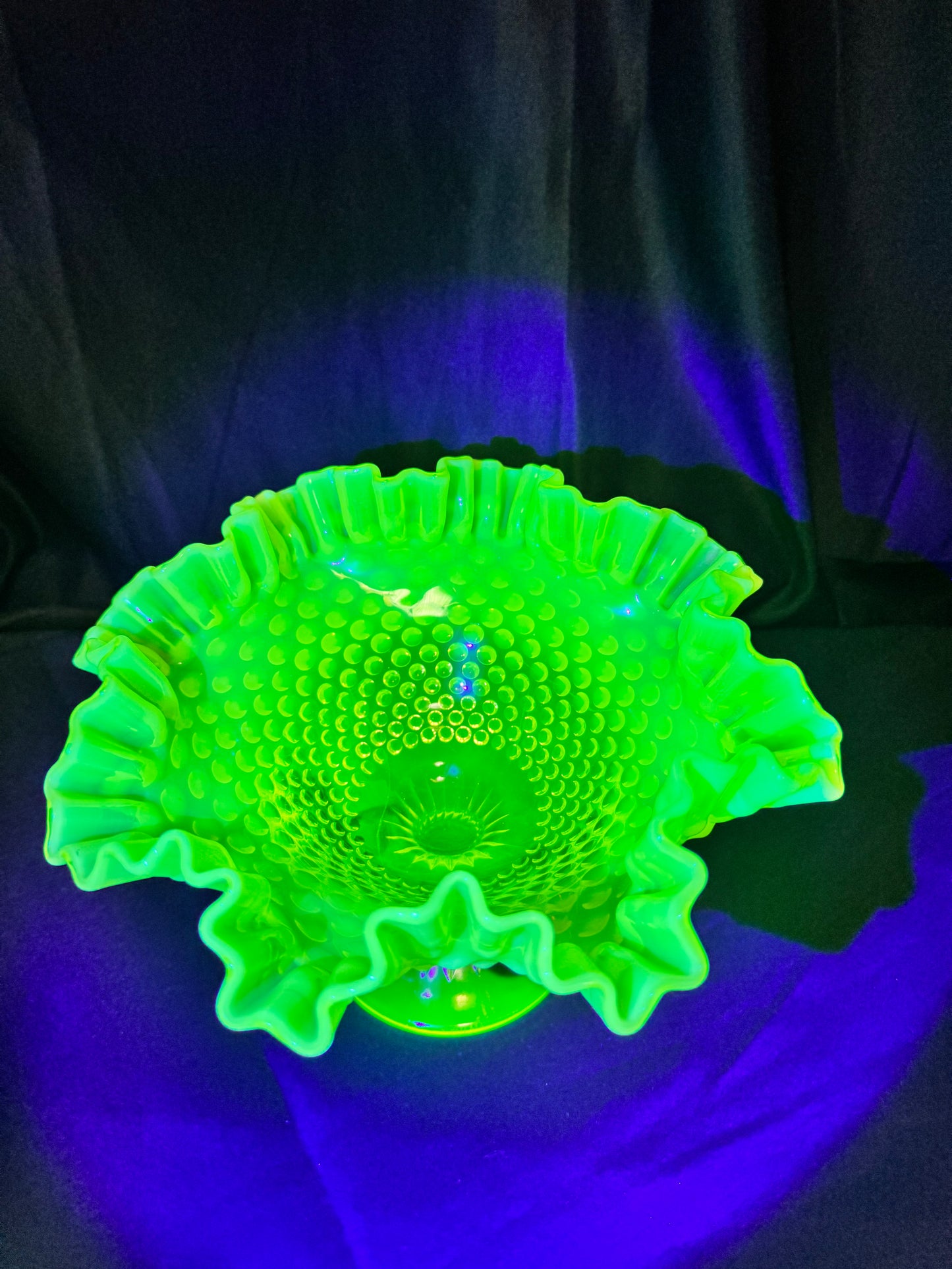 Uranium- Fenton- Hobnail- Ruffled Footed Bowl- Topaz opalescent