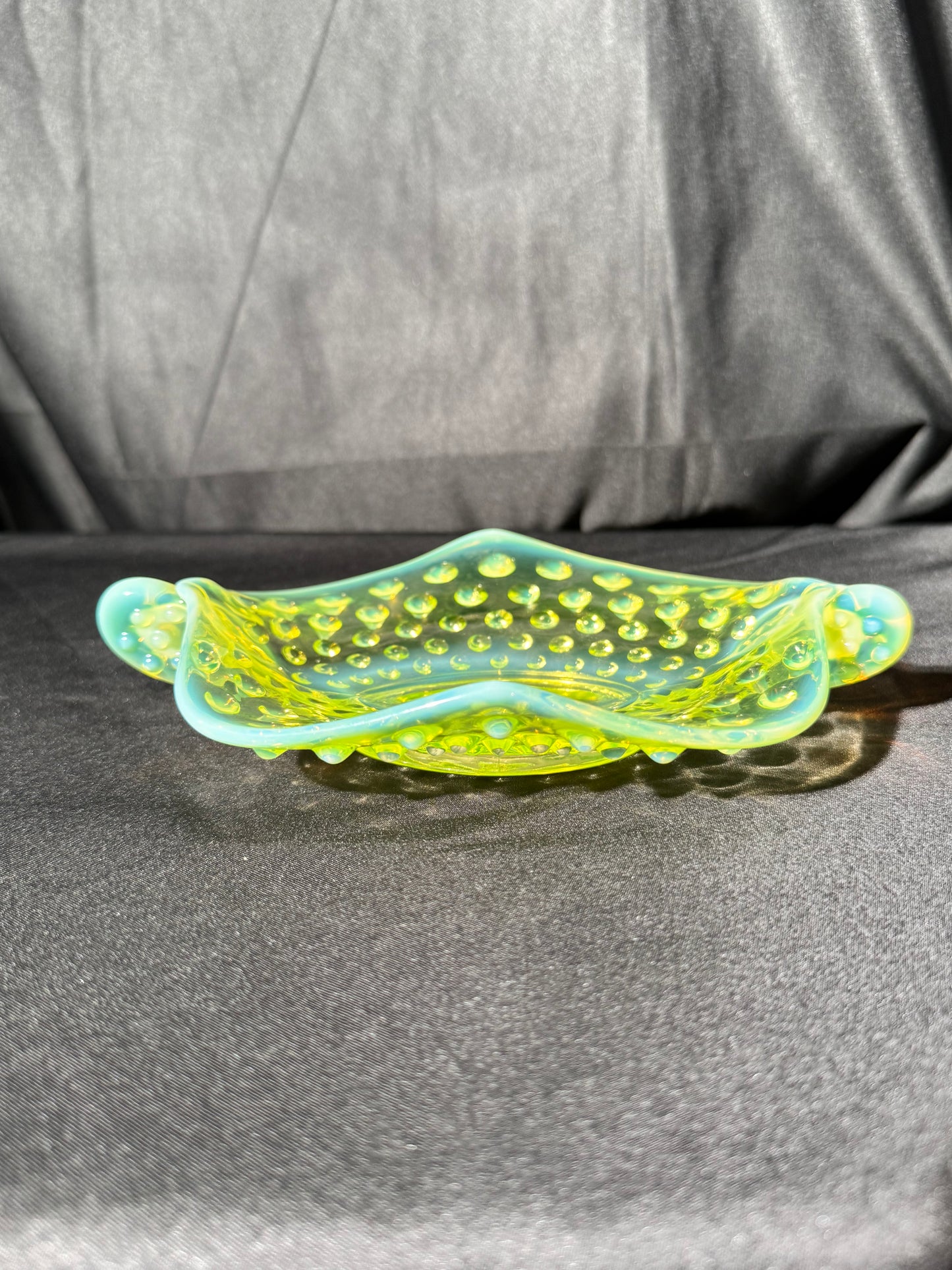 Uranium- Fenton- Hobnail- Ruffled handled Bon Bon dish- Topaz opalescent - oval