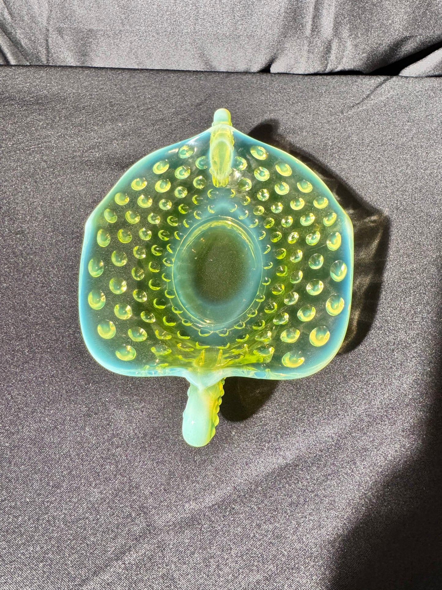 Uranium- Fenton- Hobnail- Ruffled handled Bon Bon dish- Topaz opalescent - oval