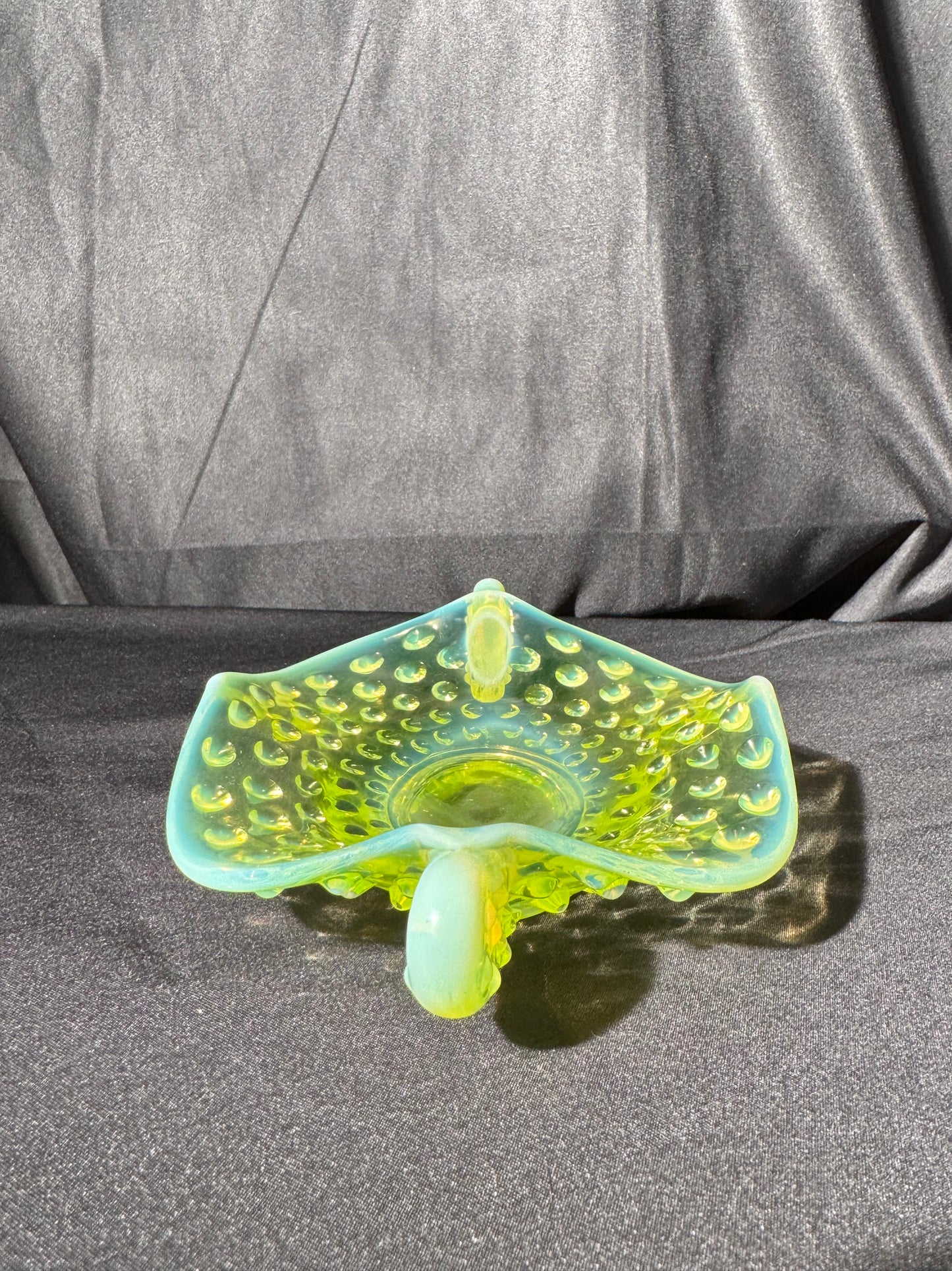 Uranium- Fenton- Hobnail- Ruffled handled Bon Bon dish- Topaz opalescent - oval