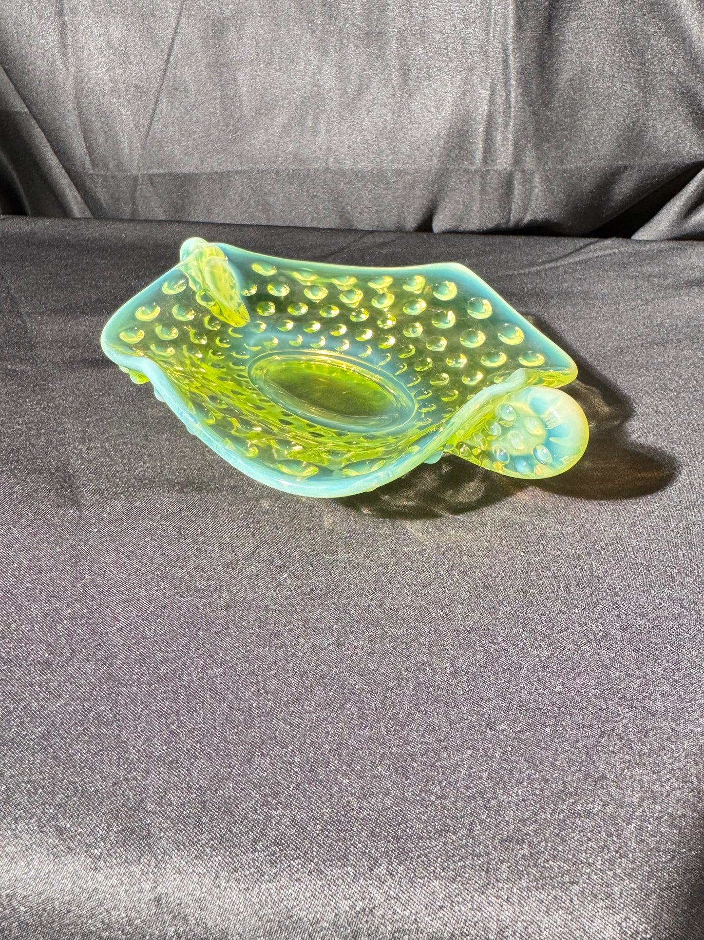 Uranium- Fenton- Hobnail- Ruffled handled Bon Bon dish- Topaz opalescent - oval