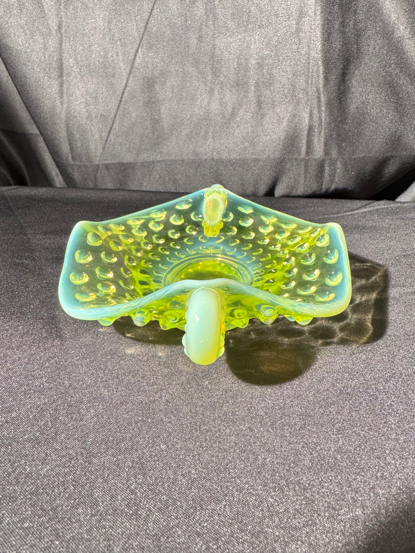 Uranium- Fenton- Hobnail- Ruffled handled Bon Bon dish- Topaz opalescent - oval