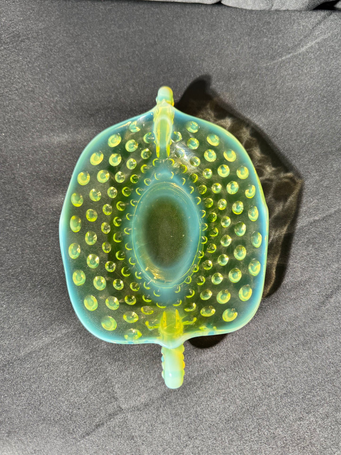 Uranium- Fenton- Hobnail- Ruffled handled Bon Bon dish- Topaz opalescent - oval