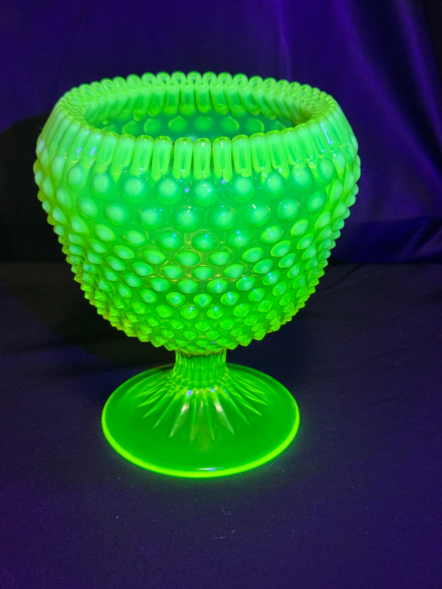 Uranium- Fenton- Hobnail-Crimped Footed Large Flower Vase- Topaz opalescent -