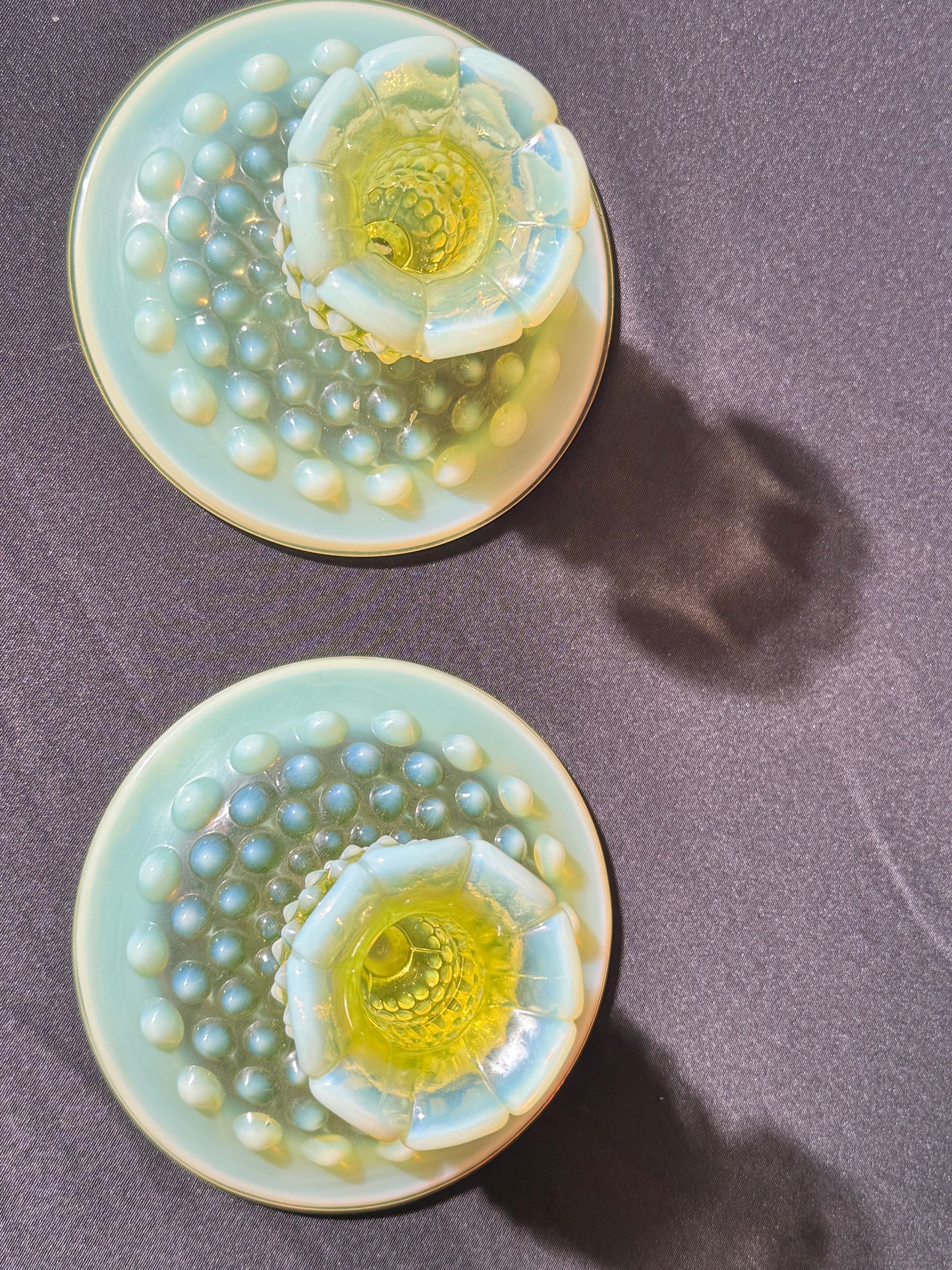 Uranium- Fenton- Hobnail -2 Candle sticks holders- Topaz opalescent