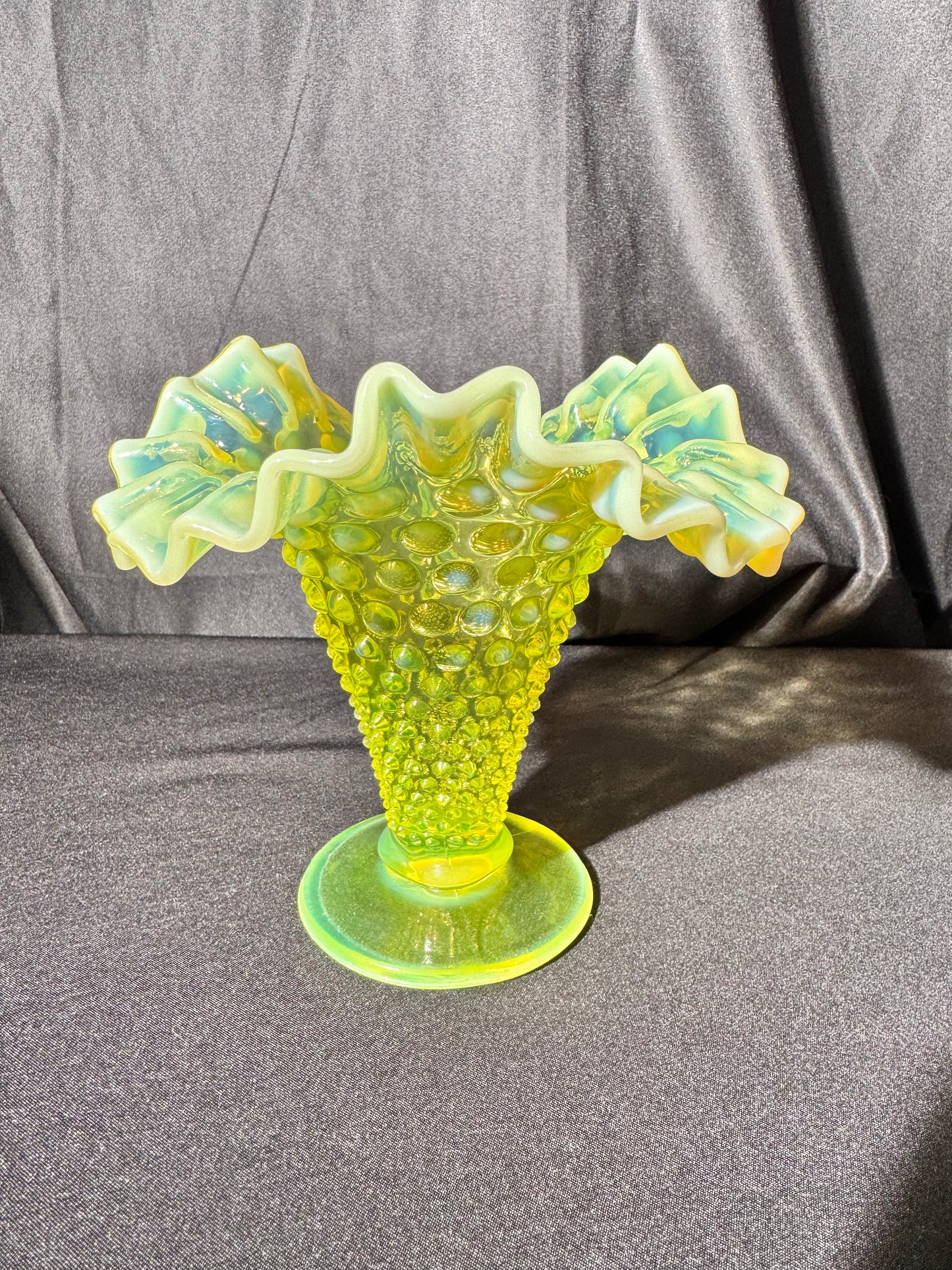 Uranium-Fenton- hobnail- 5.5” tall Flower Vase- Topaz opalescent