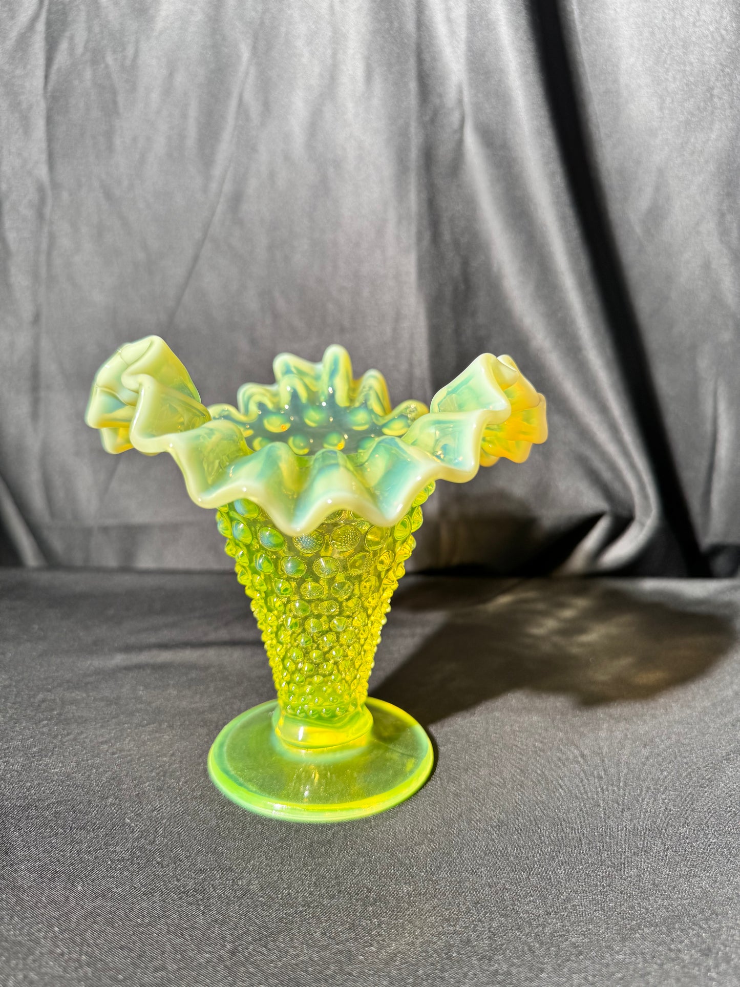 Uranium-Fenton- hobnail- 5.5” tall Flower Vase- Topaz opalescent