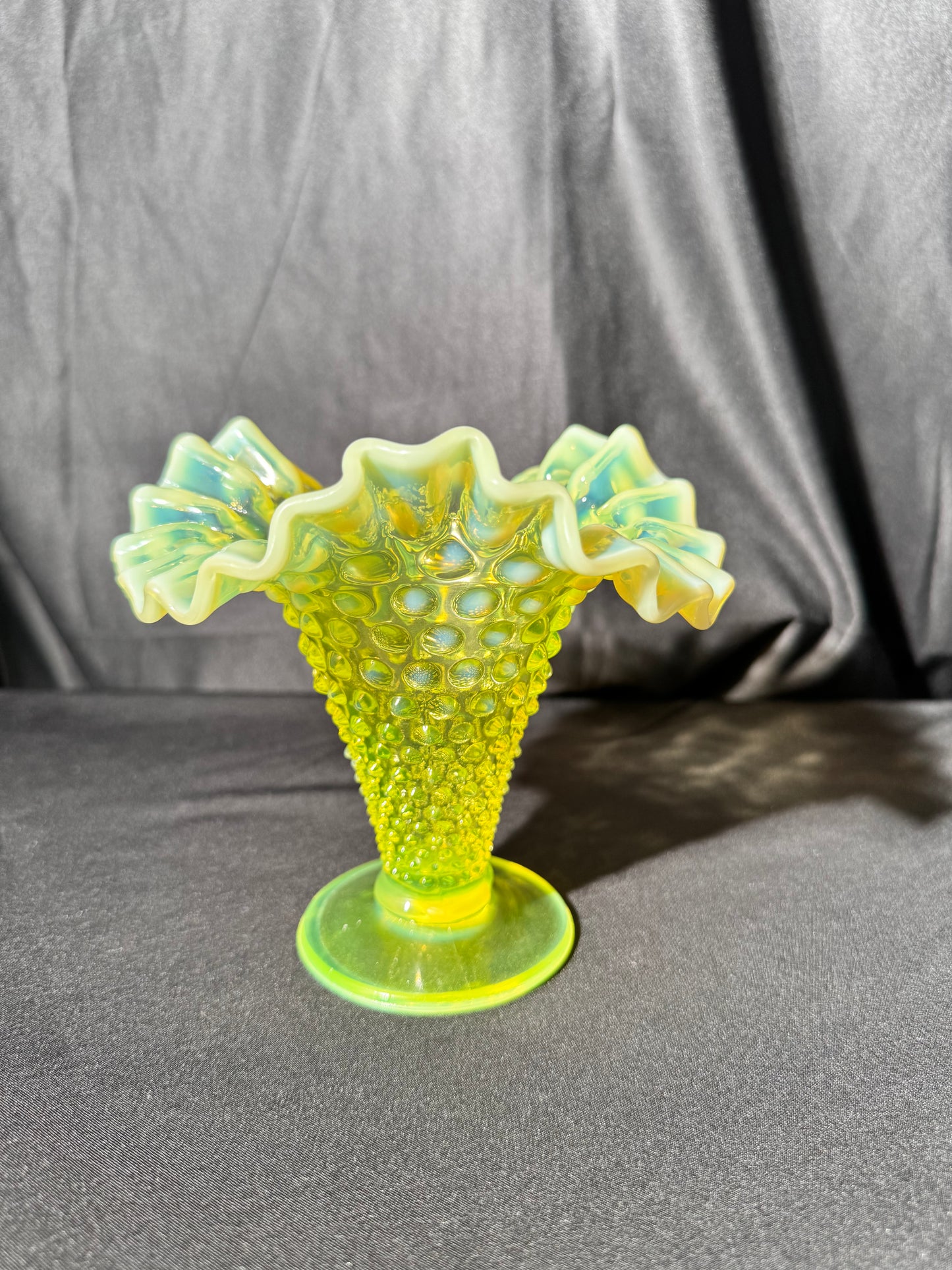 Uranium-Fenton- hobnail- 5.5” tall Flower Vase- Topaz opalescent