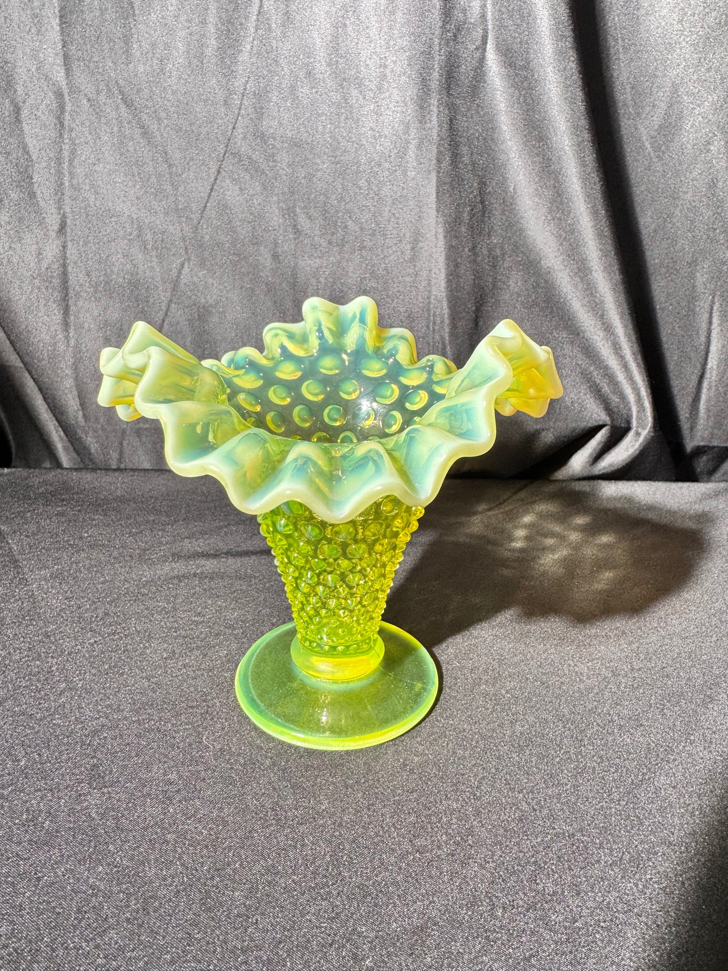 Uranium-Fenton- hobnail- 5.5” tall Flower Vase- Topaz opalescent