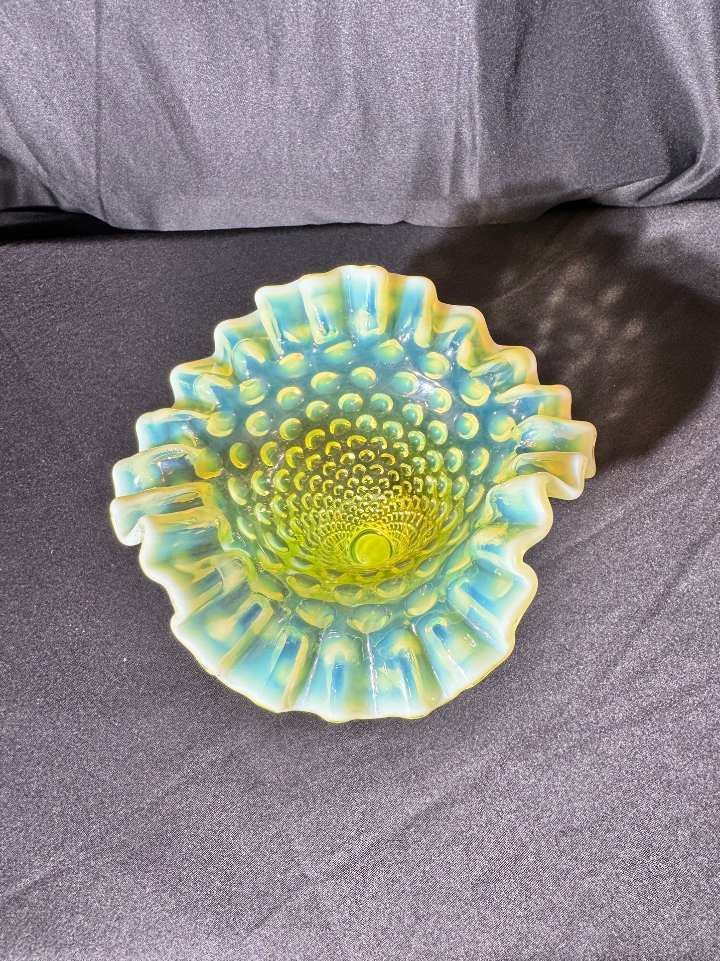 Uranium-Fenton- hobnail- 5.5” tall Flower Vase- Topaz opalescent