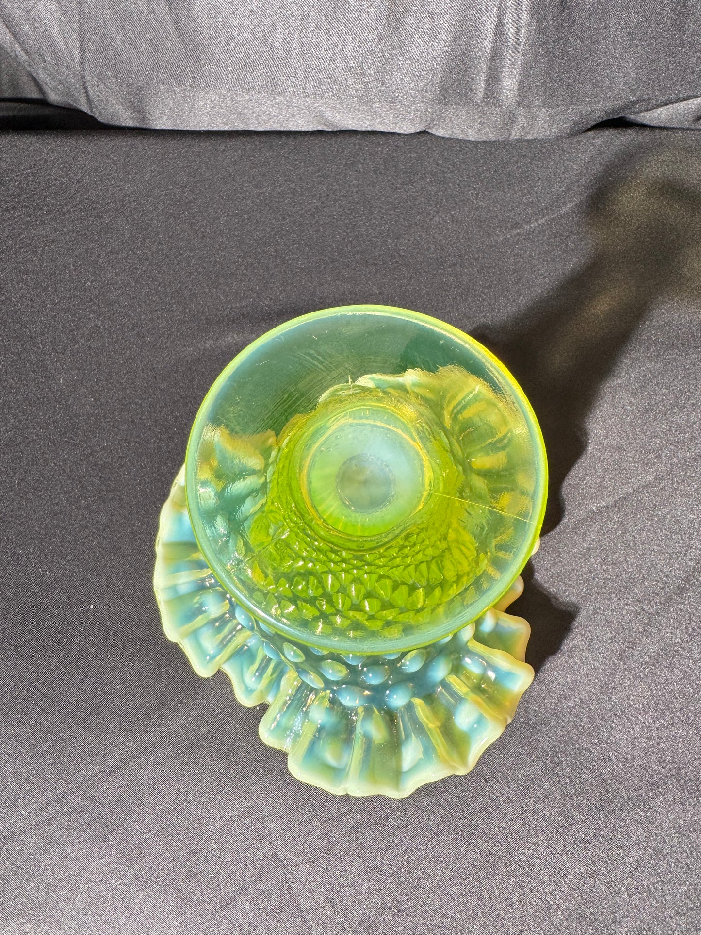 Uranium-Fenton- hobnail- 5.5” tall Flower Vase- Topaz opalescent