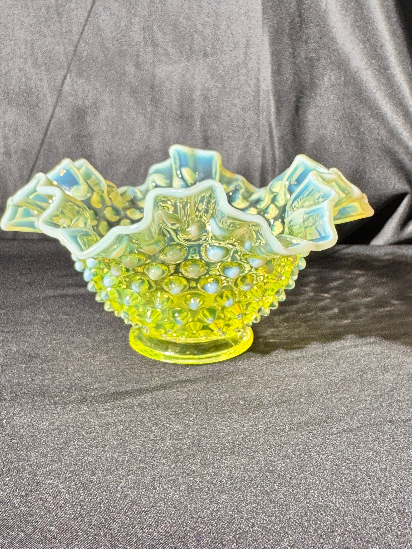 Uranium-Fenton- hobnail- Ruffled Bowl - Topaz opalescent