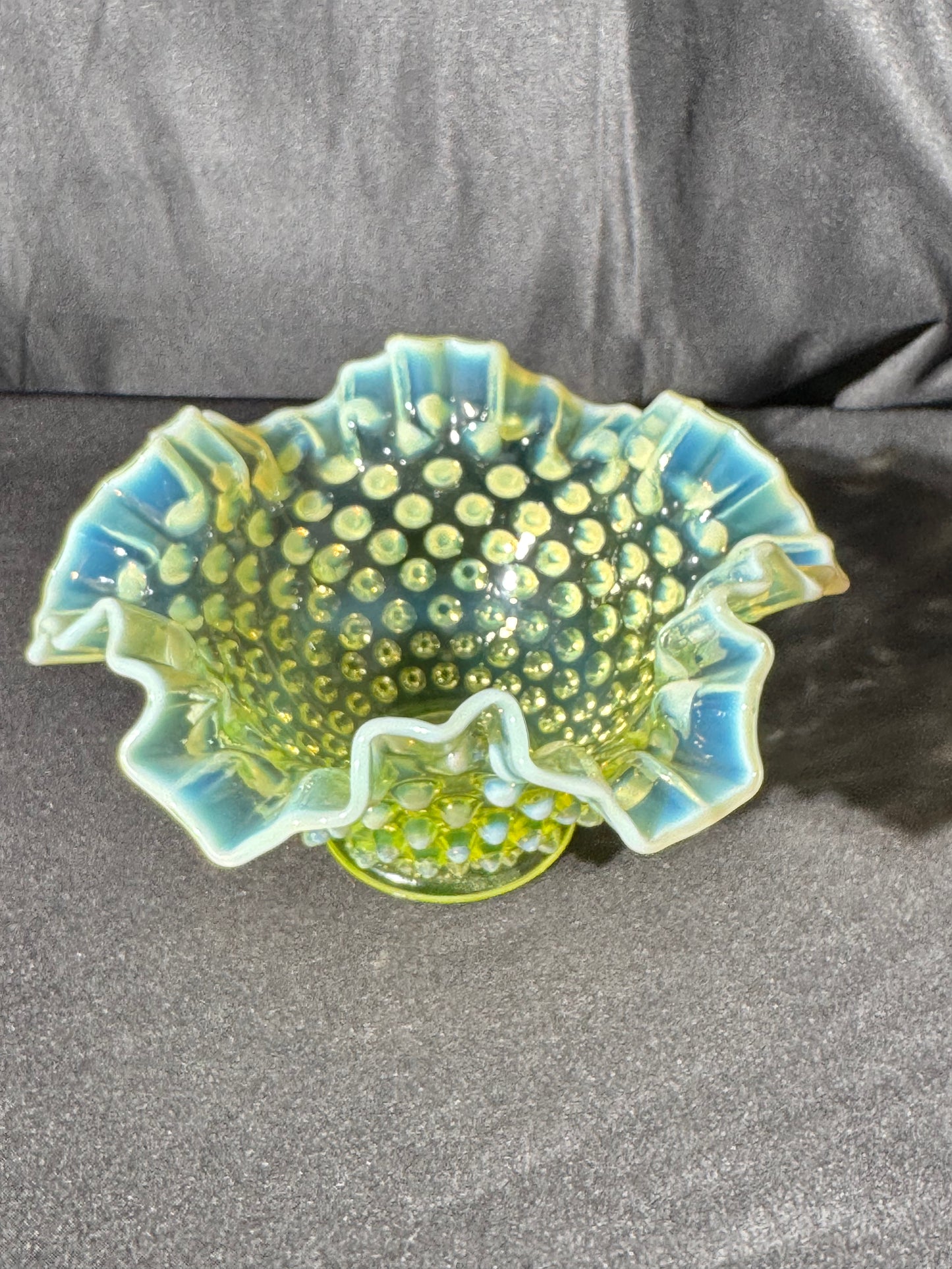 Uranium-Fenton- hobnail- Ruffled Bowl - Topaz opalescent