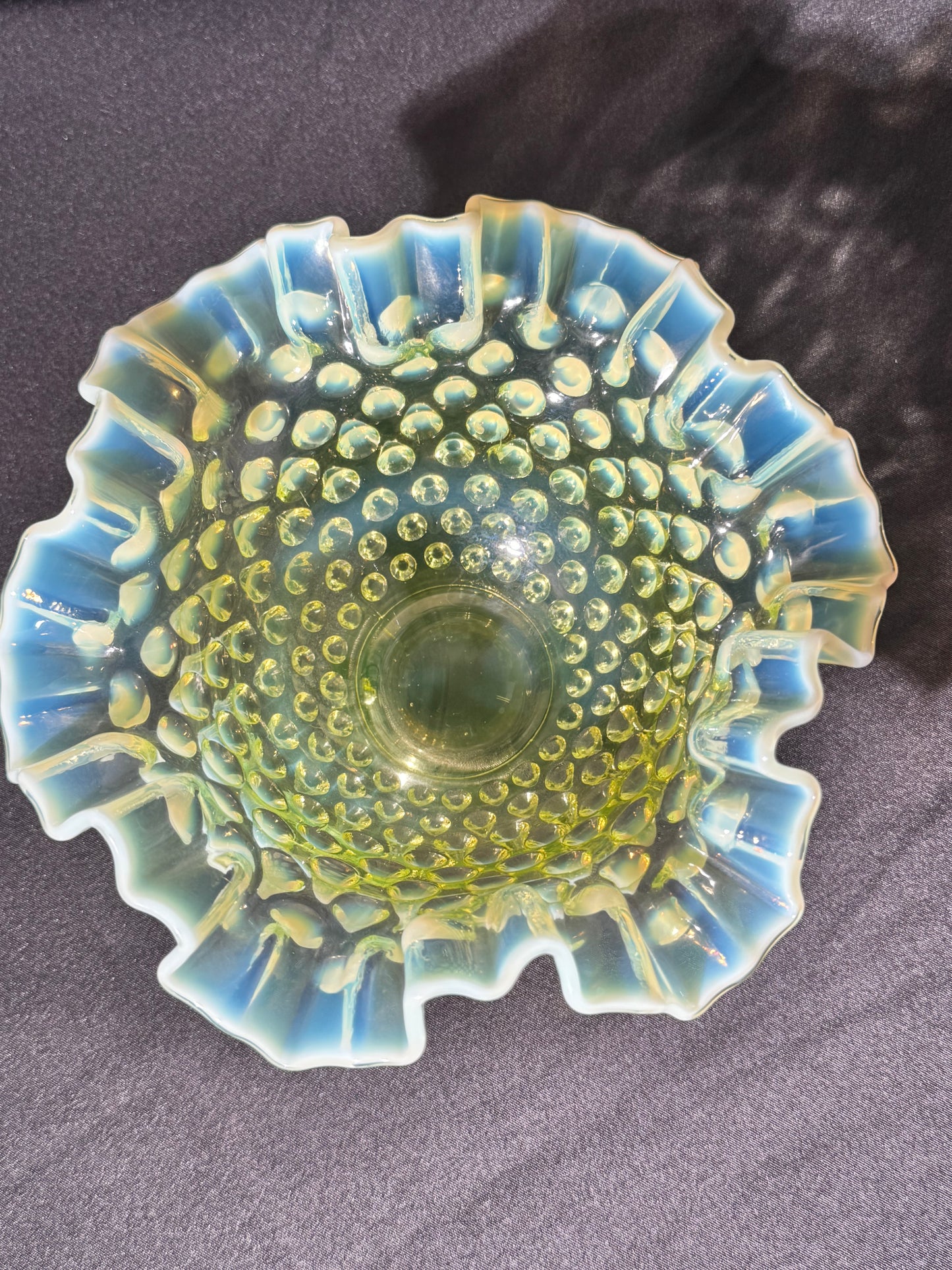 Uranium-Fenton- hobnail- Ruffled Bowl - Topaz opalescent