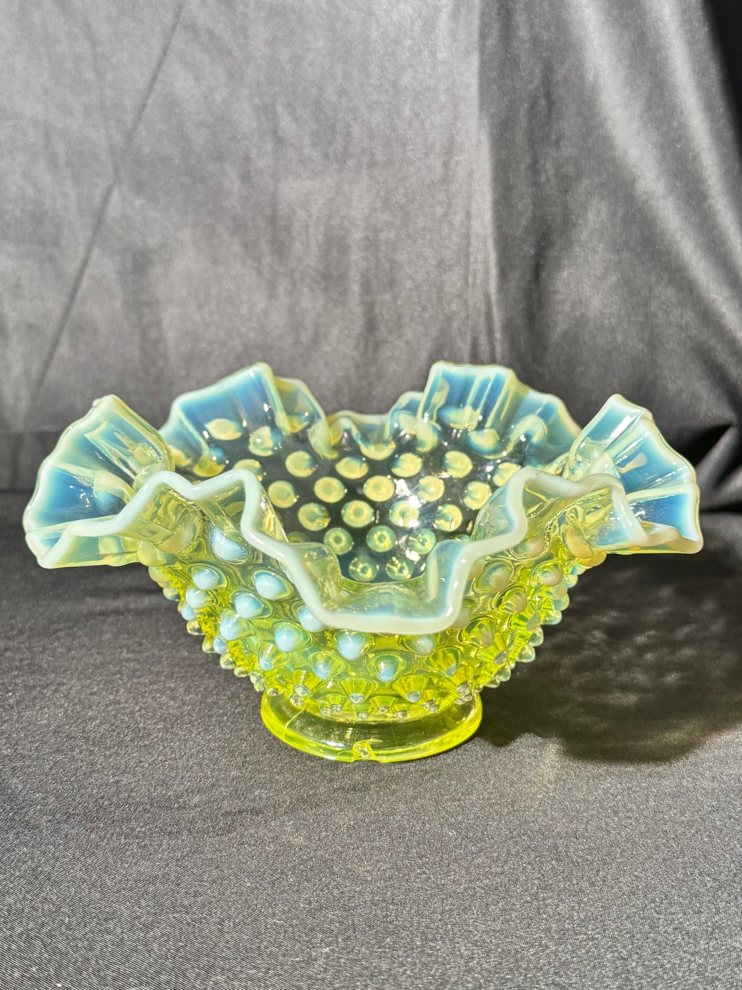 Uranium-Fenton- hobnail- Ruffled Bowl - Topaz opalescent