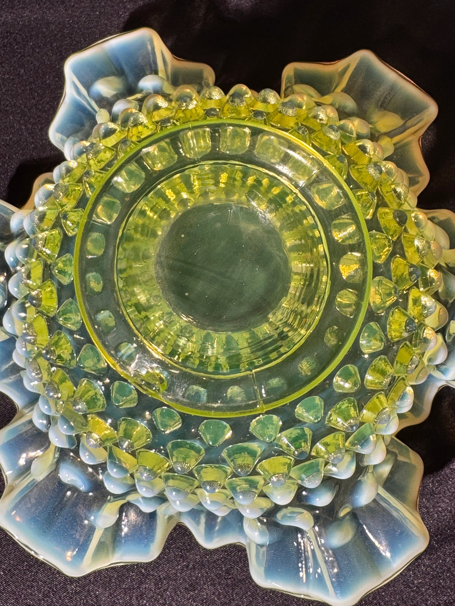 Uranium-Fenton- hobnail- Ruffled Bowl - Topaz opalescent