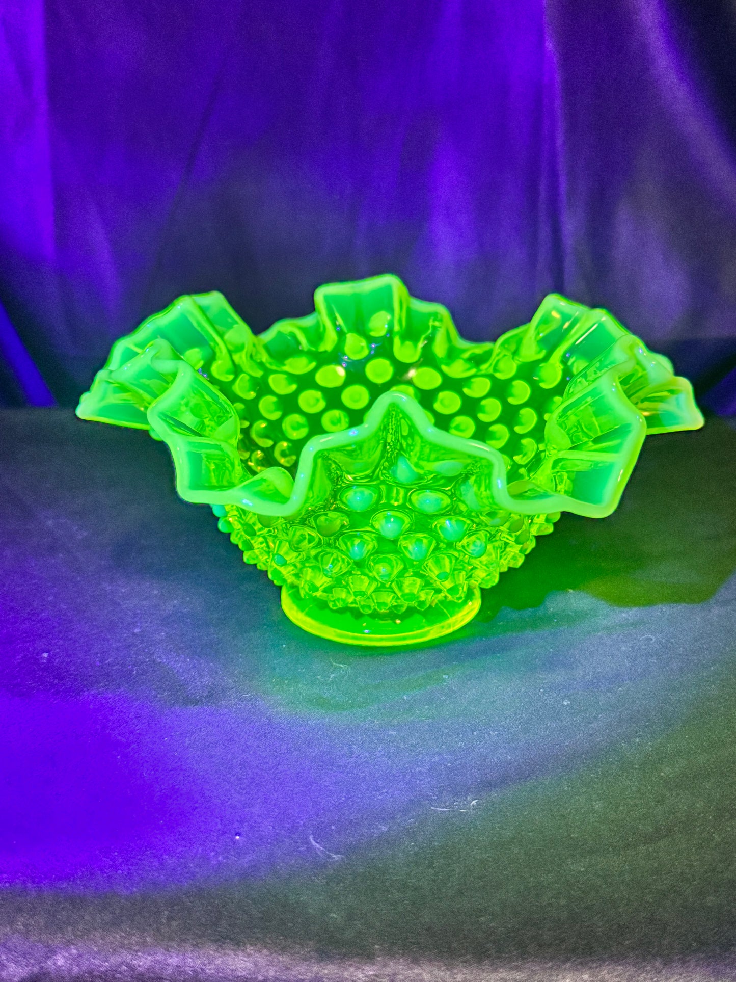 Uranium-Fenton- hobnail- Ruffled Bowl - Topaz opalescent
