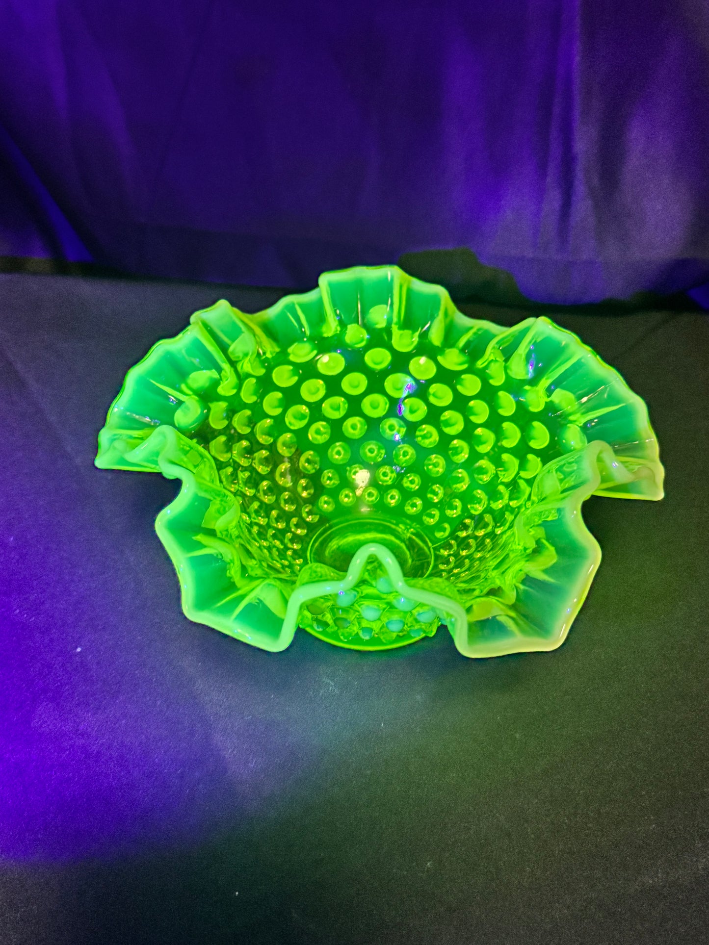 Uranium-Fenton- hobnail- Ruffled Bowl - Topaz opalescent