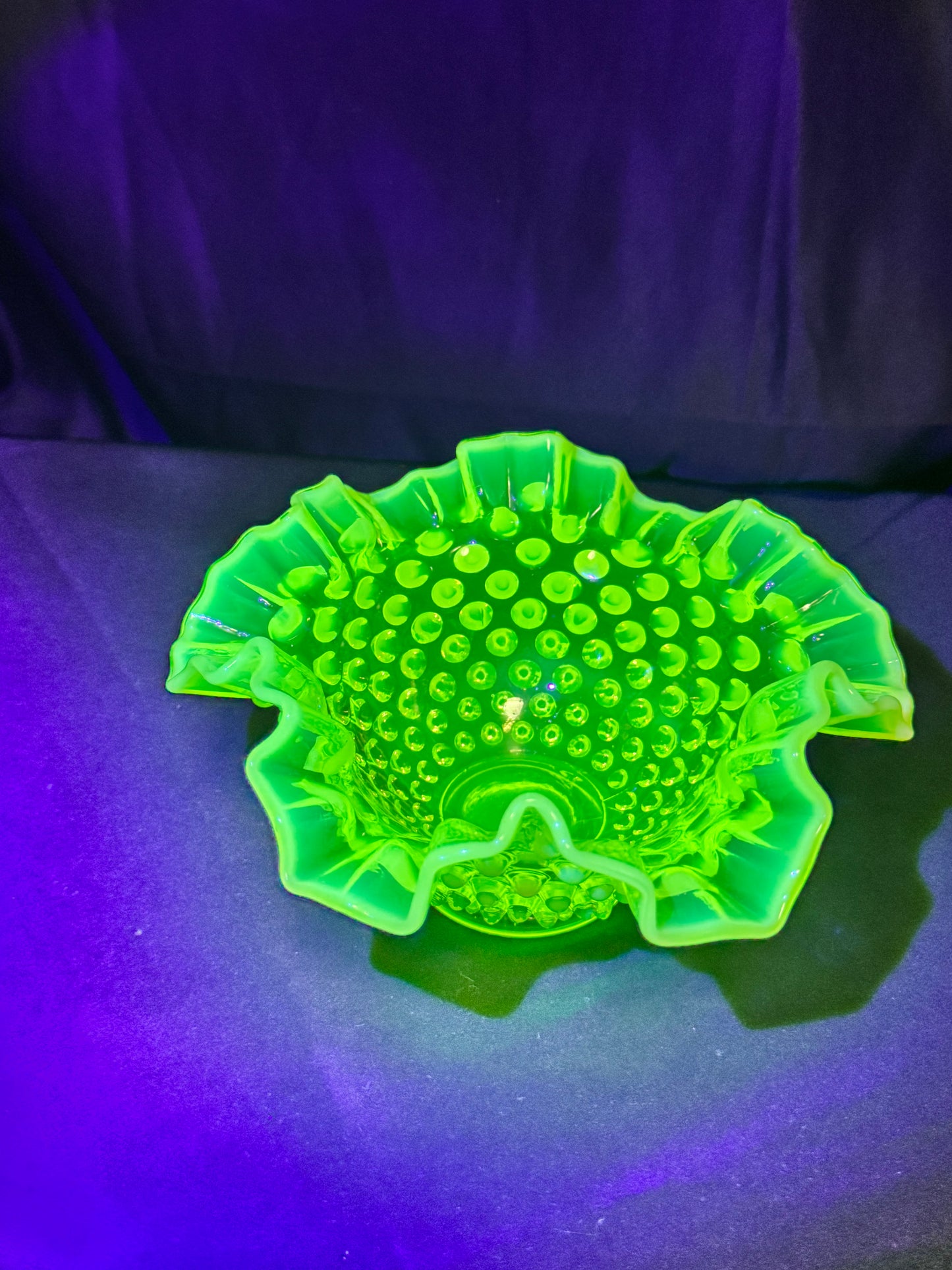 Uranium-Fenton- hobnail- Ruffled Bowl - Topaz opalescent