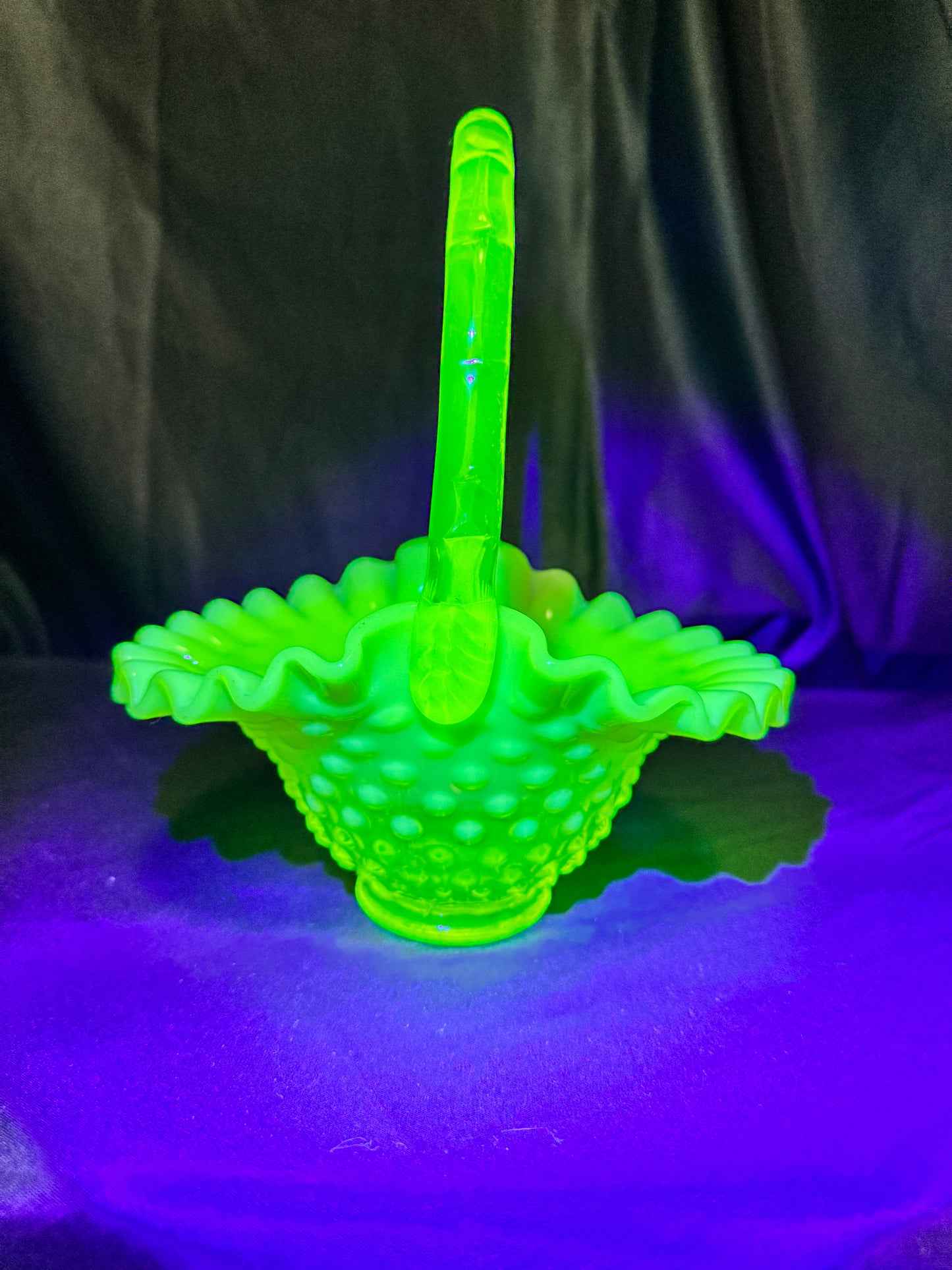 Uranium-Fenton- hobnail- 8” tall Ruffled Basket - Topaz opalescent