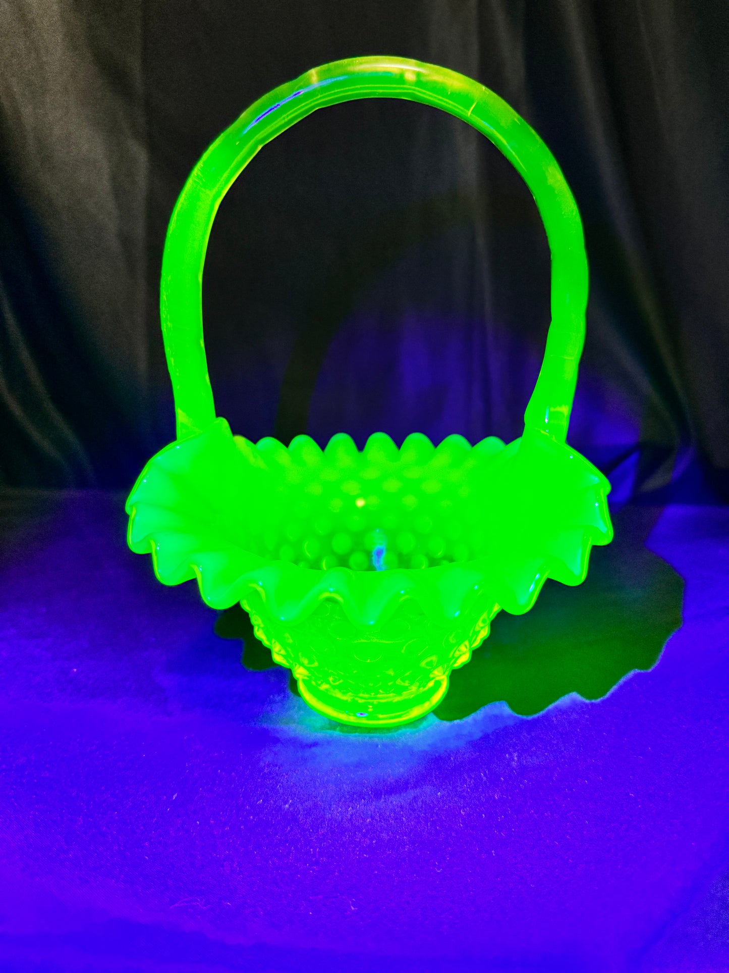 Uranium-Fenton- hobnail- 8” tall Ruffled Basket - Topaz opalescent