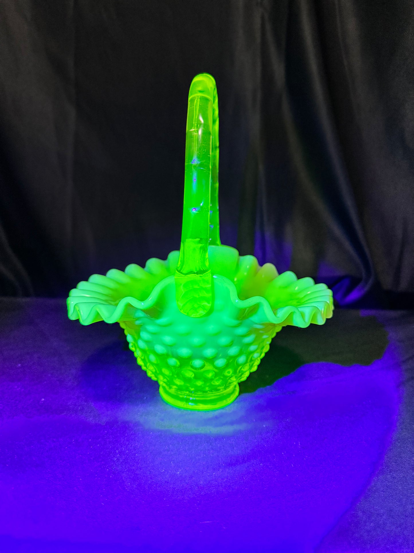 Uranium-Fenton- hobnail- 8” tall Ruffled Basket - Topaz opalescent