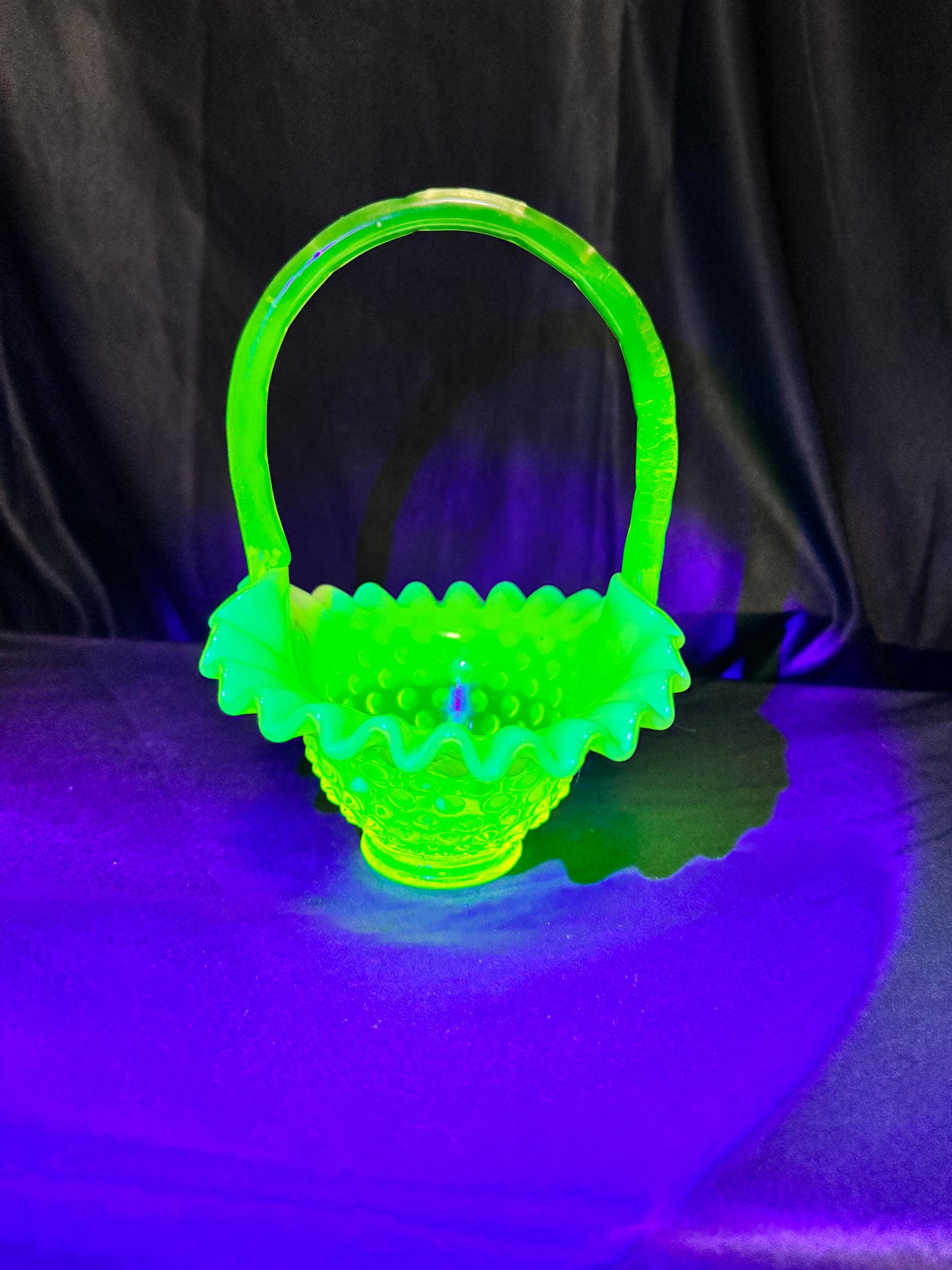 Uranium-Fenton- hobnail- 8” tall Ruffled Basket - Topaz opalescent