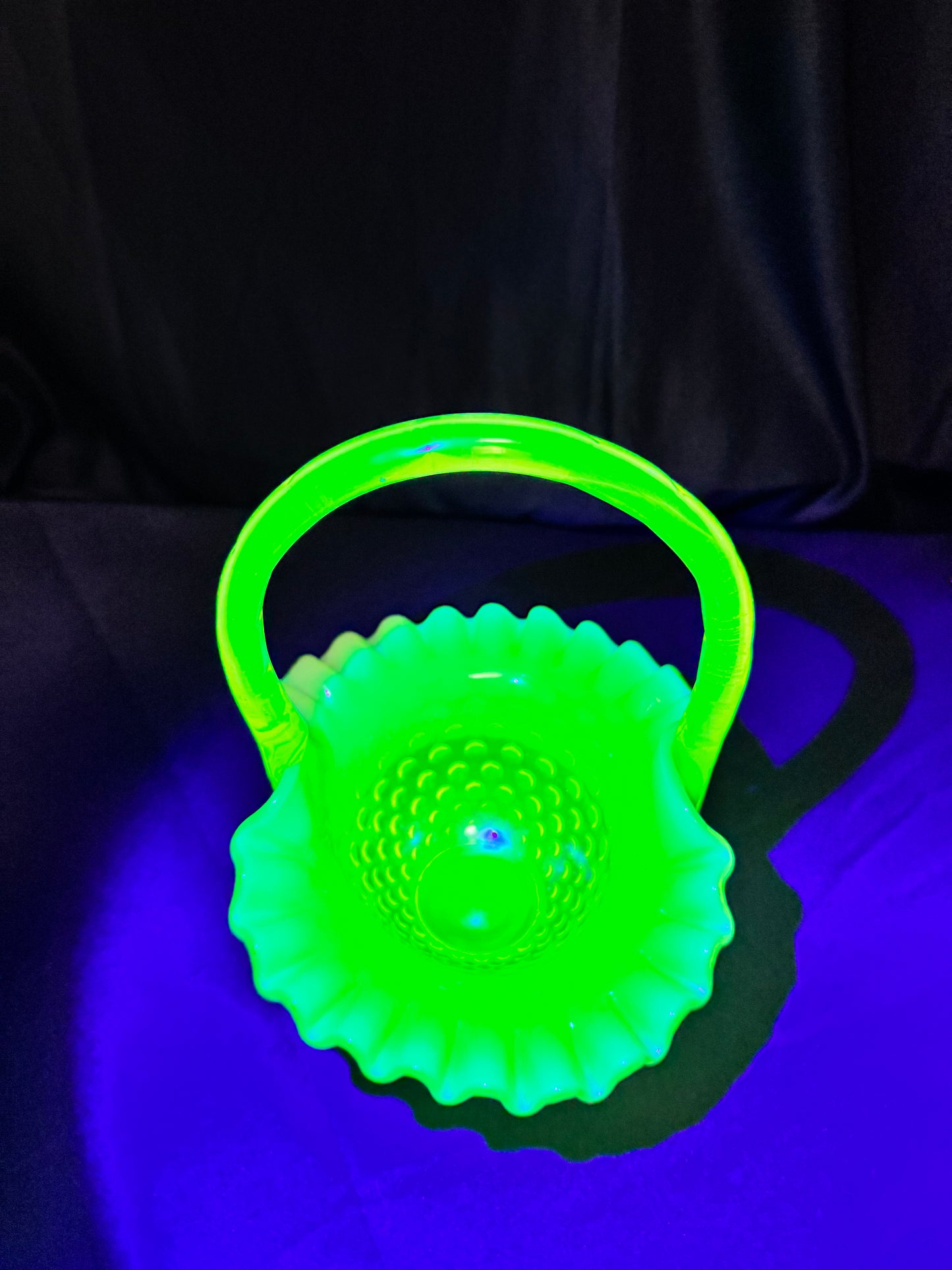 Uranium-Fenton- hobnail- 8” tall Ruffled Basket - Topaz opalescent
