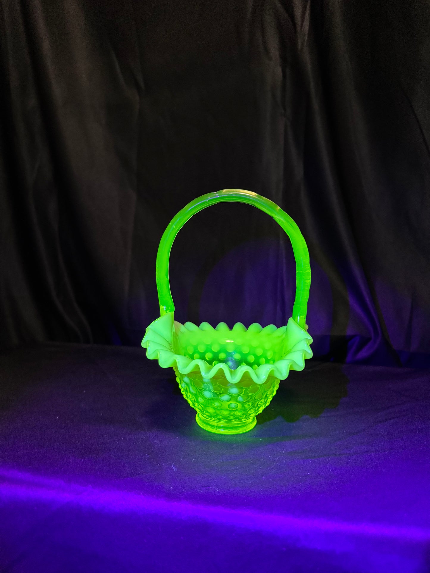 Uranium-Fenton- hobnail- 8” tall Ruffled Basket - Topaz opalescent
