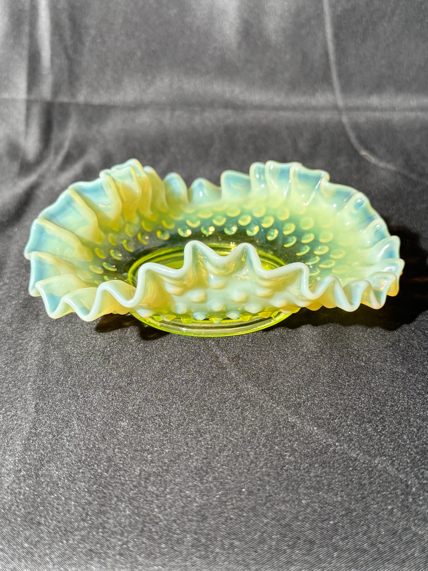 Uranium- Fenton- Hobnail- ruffled small candy dish - Topaz Opalescent