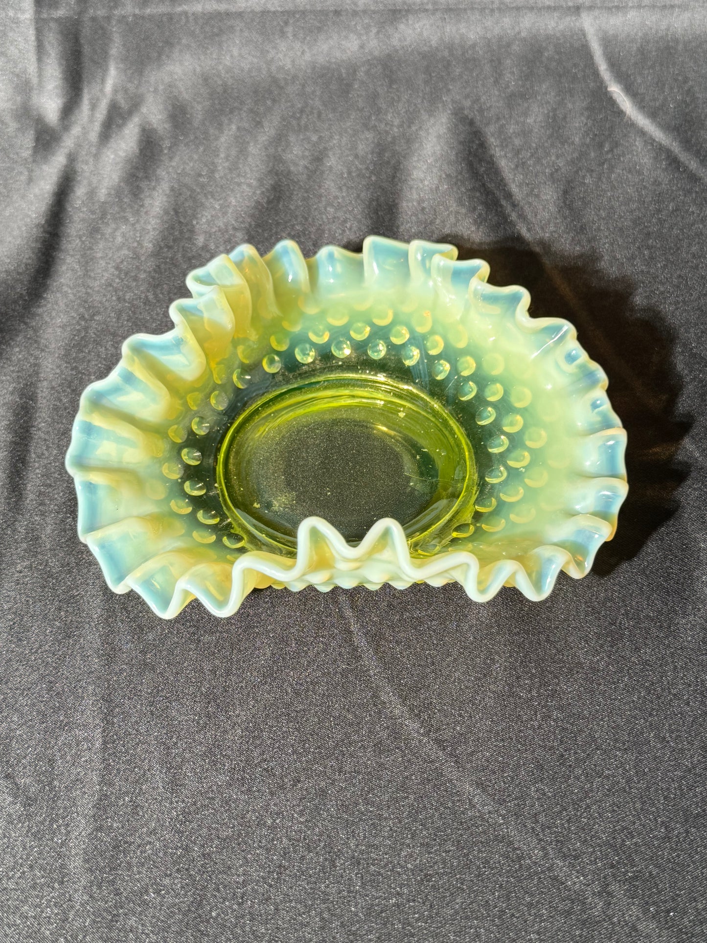 Uranium- Fenton- Hobnail- ruffled small candy dish - Topaz Opalescent