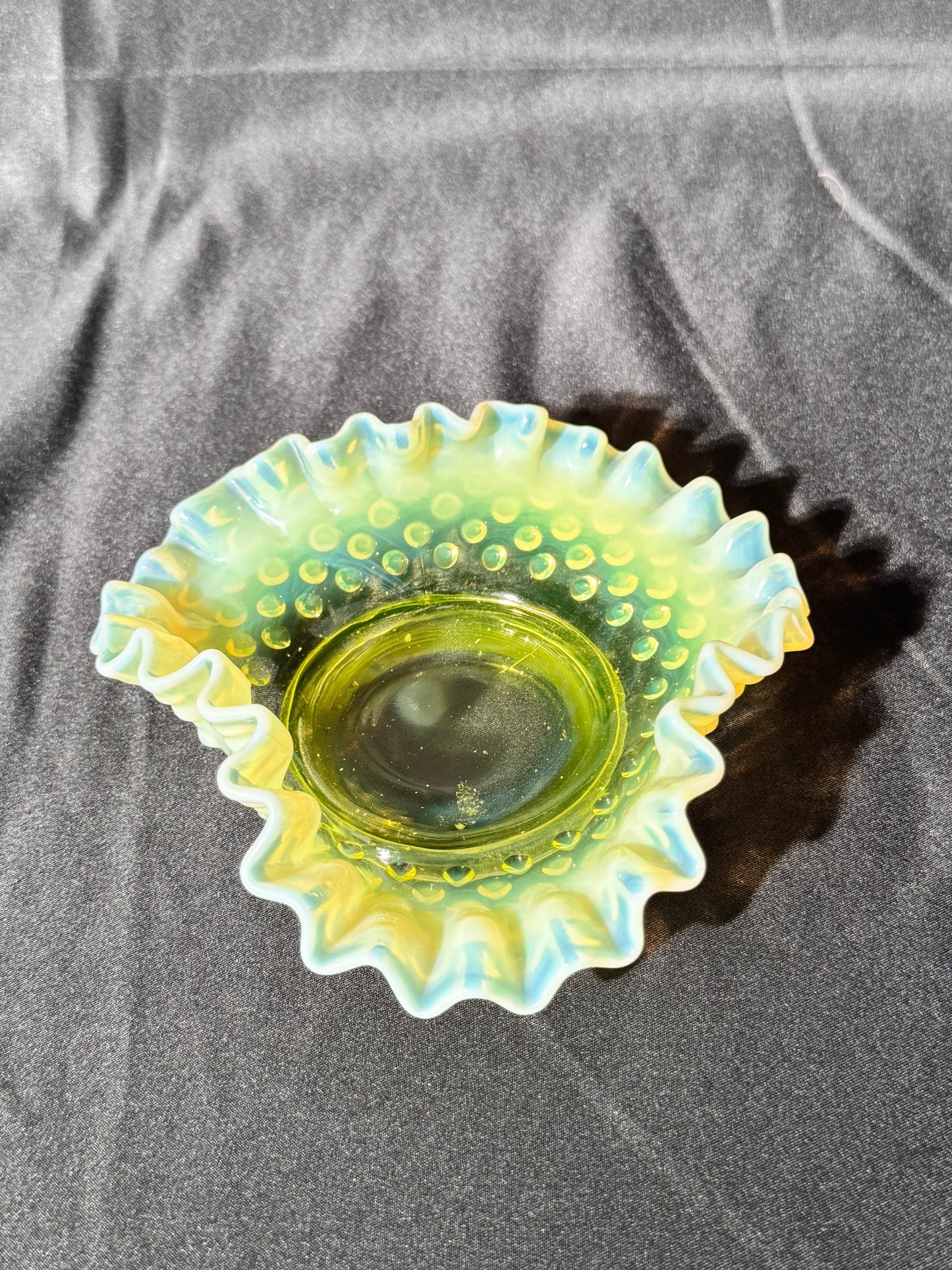 Uranium- Fenton- Hobnail- ruffled small candy dish - Topaz Opalescent