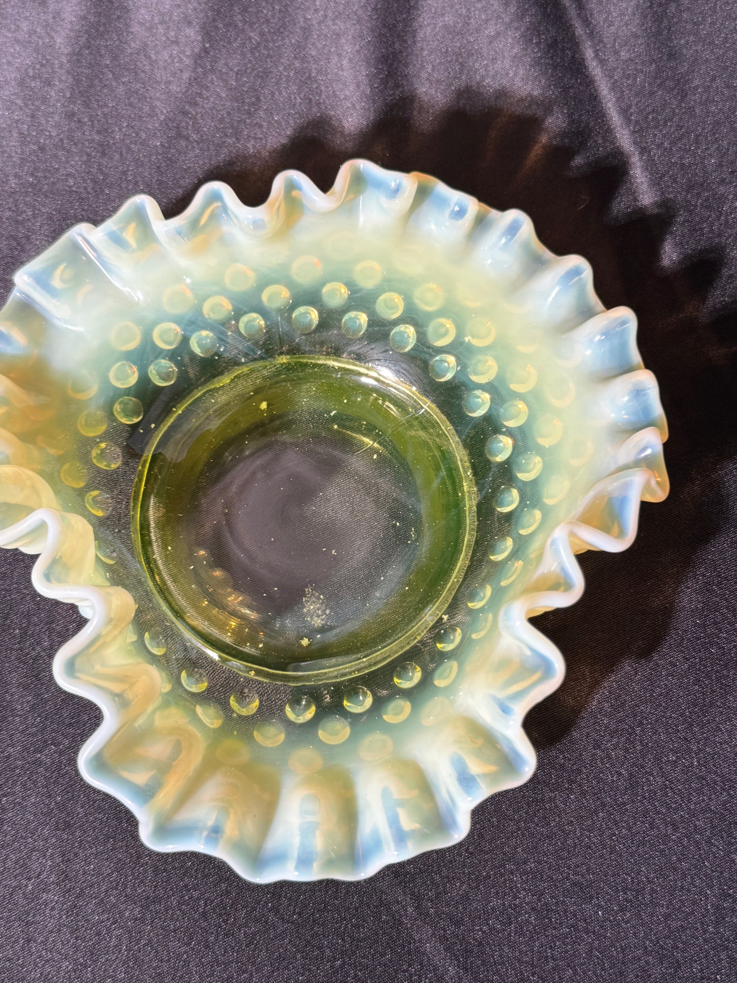 Uranium- Fenton- Hobnail- ruffled small candy dish - Topaz Opalescent
