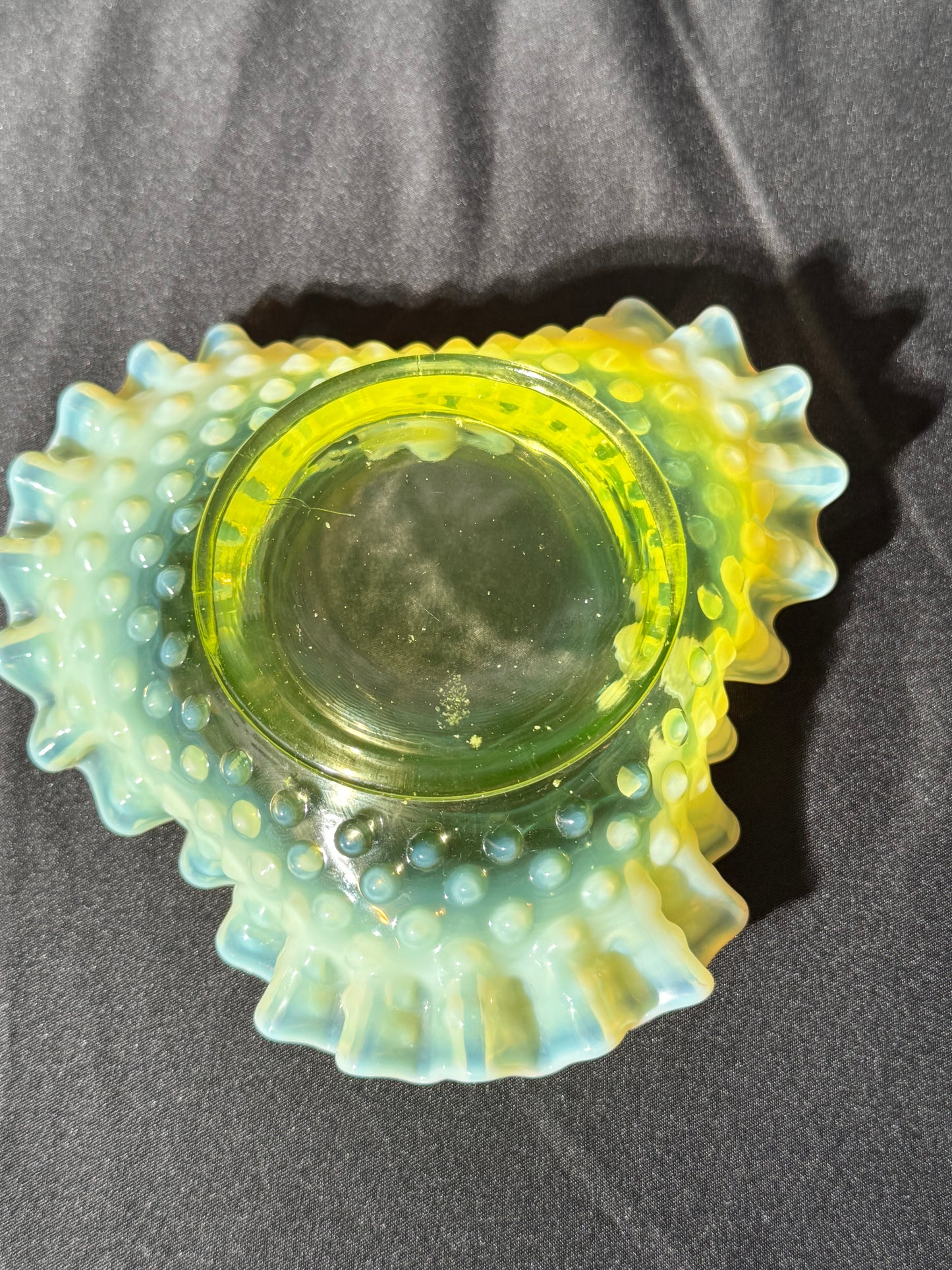 Uranium- Fenton- Hobnail- ruffled small candy dish - Topaz Opalescent