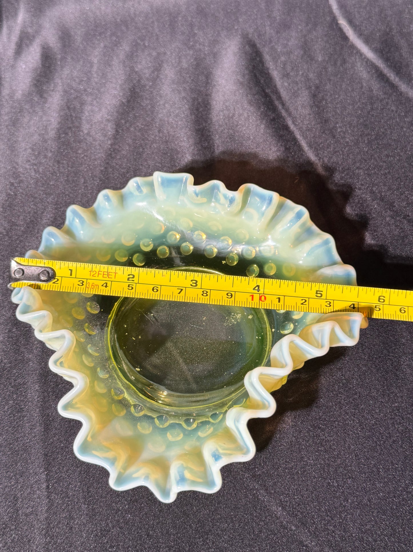 Uranium- Fenton- Hobnail- ruffled small candy dish - Topaz Opalescent