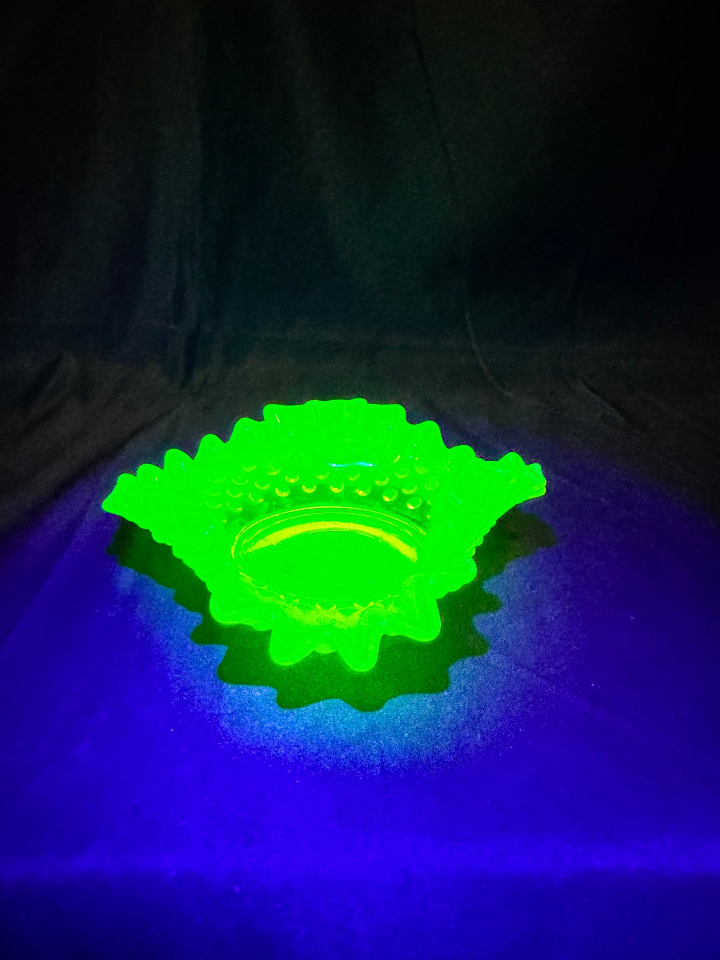 Uranium- Fenton- Hobnail- ruffled small candy dish - Topaz Opalescent